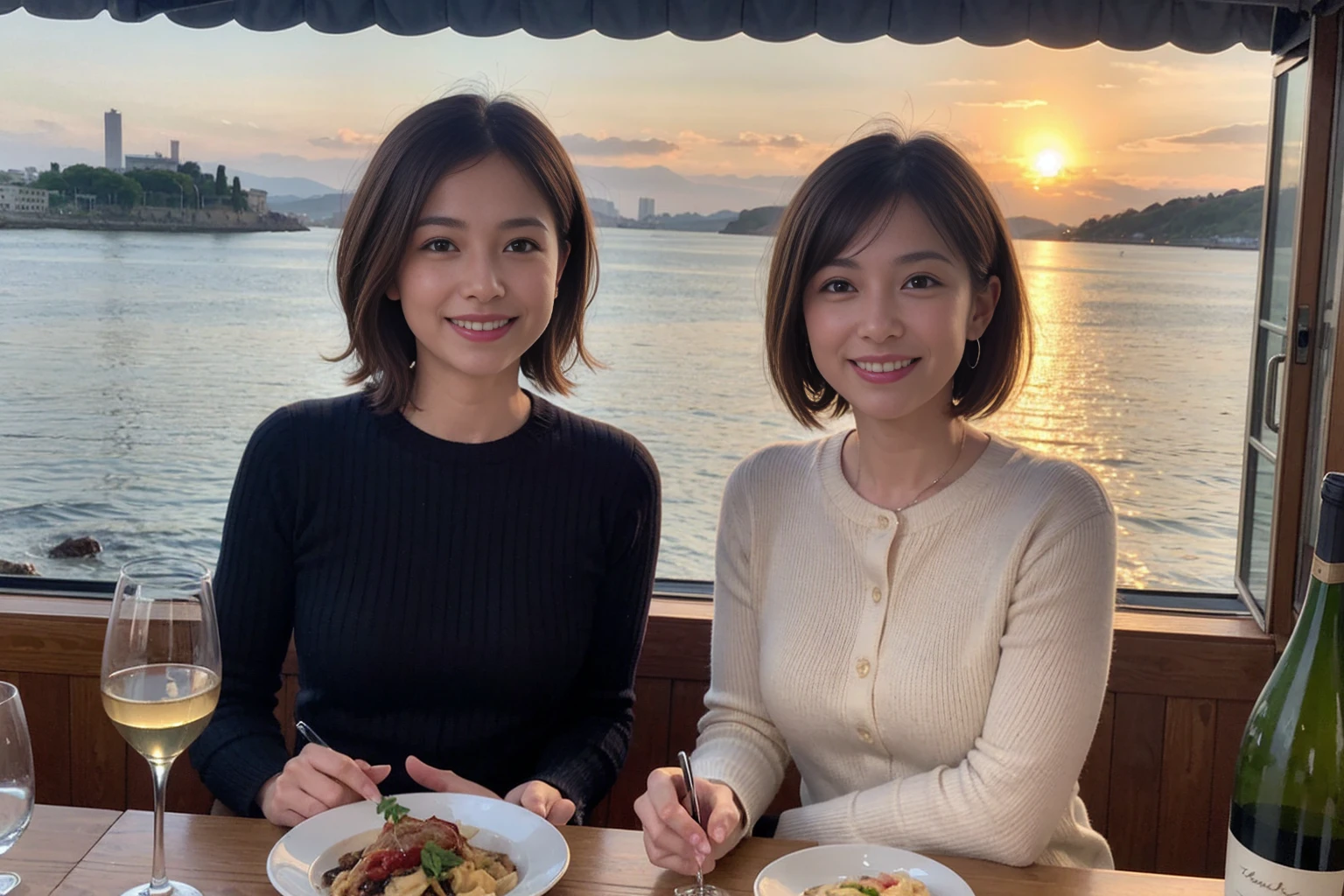 （Realistic:1.1）,(masterpiece,Highest quality)，8k,(49 years old), 53 years old, slimカップル、Tight waist,Upper Body,full-course dinner、wine 、Amazing view of the sunset sky and clouds、Perfect Anatomy, Brown Hair, short hair,Random Hairstyles,((Highly detailed face and eyes:1.2))，Perfect golden ratio face，Long sleeve shirt、dress,(smile:1.2)、Shortcuts、cute、(Realistic, Intricate details:1.2), A bright smile、short hair,Bright Face、赤wine 、Appetizers、Italian food、wine bottle、Champagne、スパークリングwine、(slimな顔), (The body is slim), (Brown Hair), (Shortcuts),  Upper Body, 白wine, slim, wineグラス, 