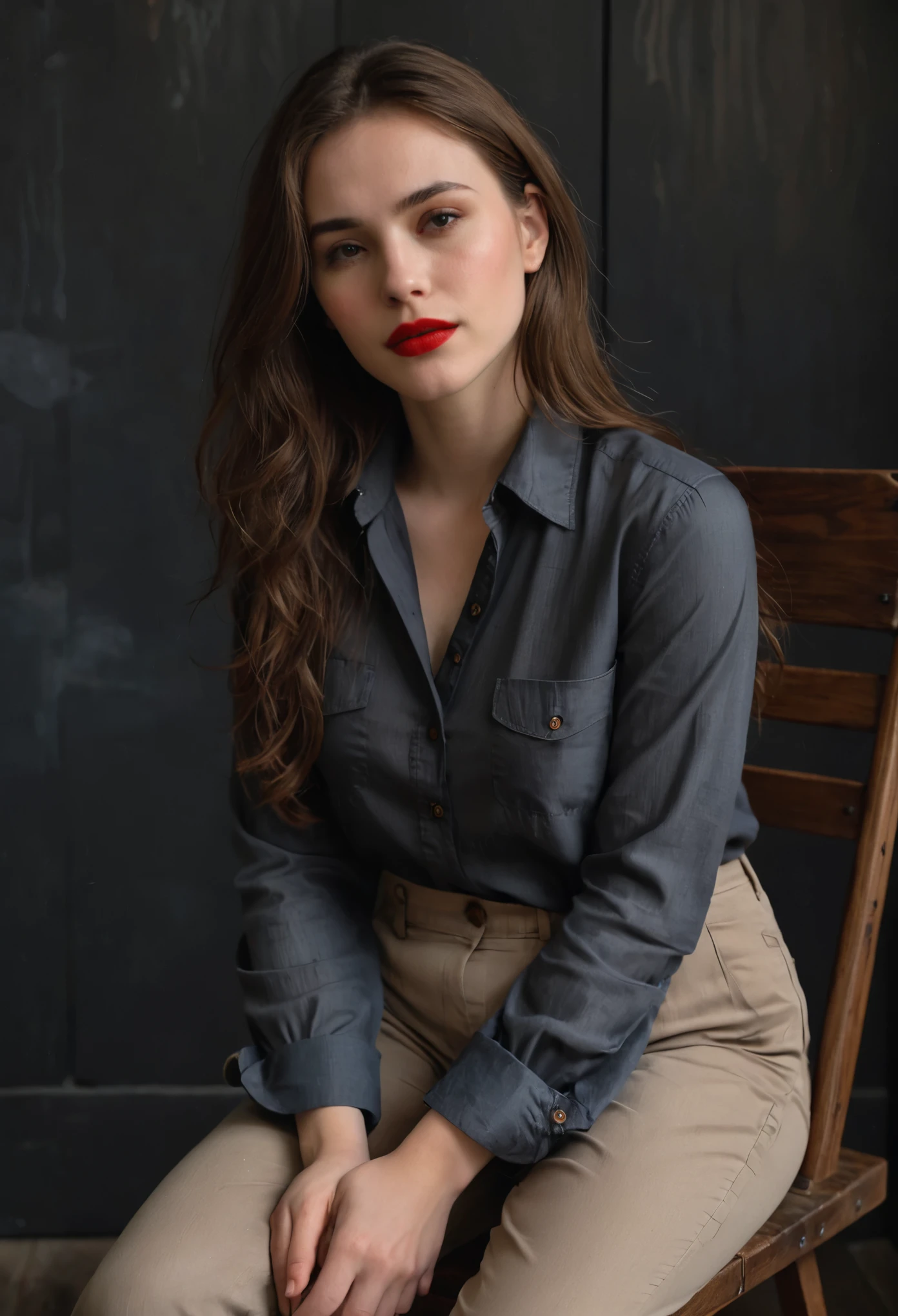 A woman with fair skin, red lipstick, and long brown hair, wearing a dark gray button-up shirt and dark pants, seated on a wooden chair, left elbow on knee and hand touching chin, looking directly at the camera with a thoughtful expression, against a dark background.