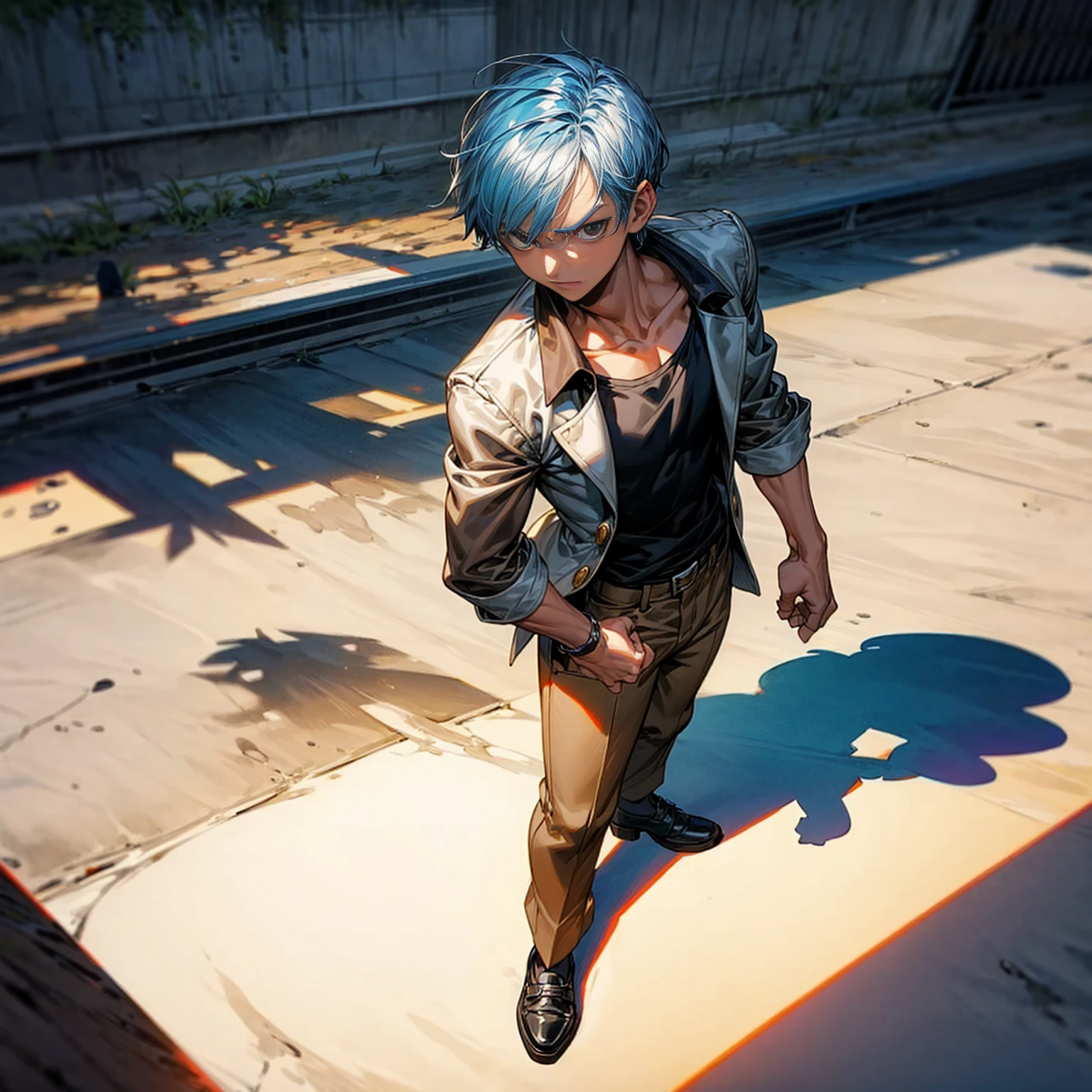 Solo character, young boy, Full body version, blue half white colour hair, short haircut, black shirt, brown trousers, shoes, no tie, Grassroots, background in Schoolyard, standing gesture, shadow, (one piece style art)