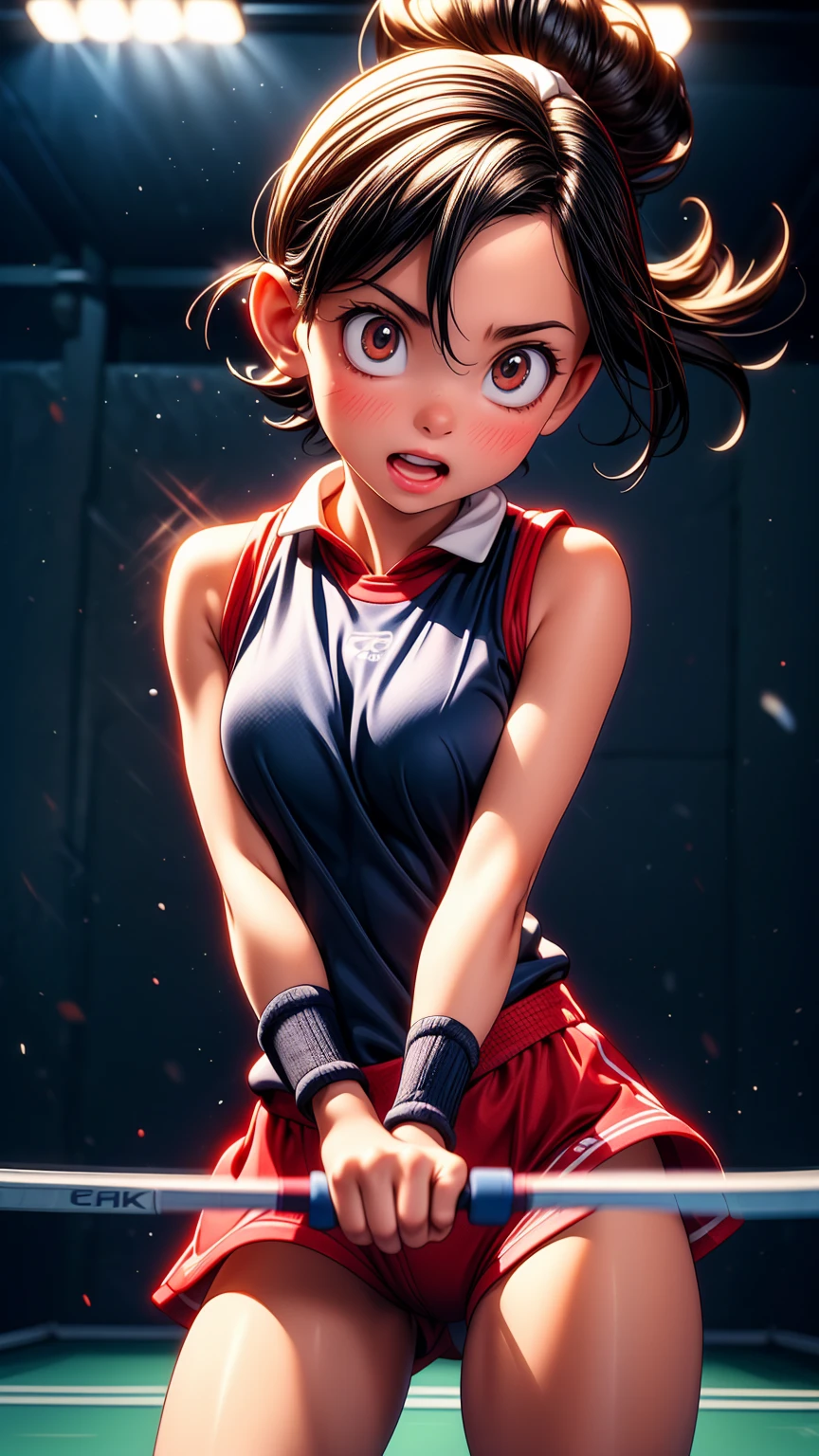 a girl playing table tennis, intense expression on her face as she serves the ball, racket in hand, dynamic motion, indoor sports court background, natural lighting, detailed texture, vibrant colors, (best quality,4k,8k,highres,masterpiece:1.2),ultra-detailed,(realistic,photorealistic,photo-realistic:1.37),detailed facial features, high action pose, powerful serve, intense focus, sports uniform, table tennis equipment, clean studio lighting, dynamic composition