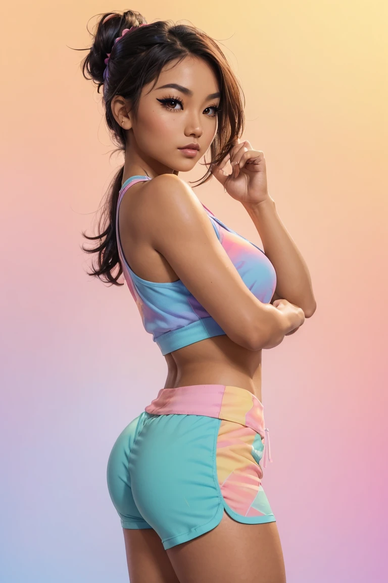 (Sexy tanned Polynesian|Asian woman, 1girl:1.2, thicc hourglass figure, perfect eyeliner:1.2), (masterpiece:1.4, best quality), medium breasts, unity 8k wallpaper, ultra detailed, (pastel background, wearing gym shorts and colorful tank top:1.3), alluring pose, upper body, ass, beautiful and aesthetic, detailed, solo