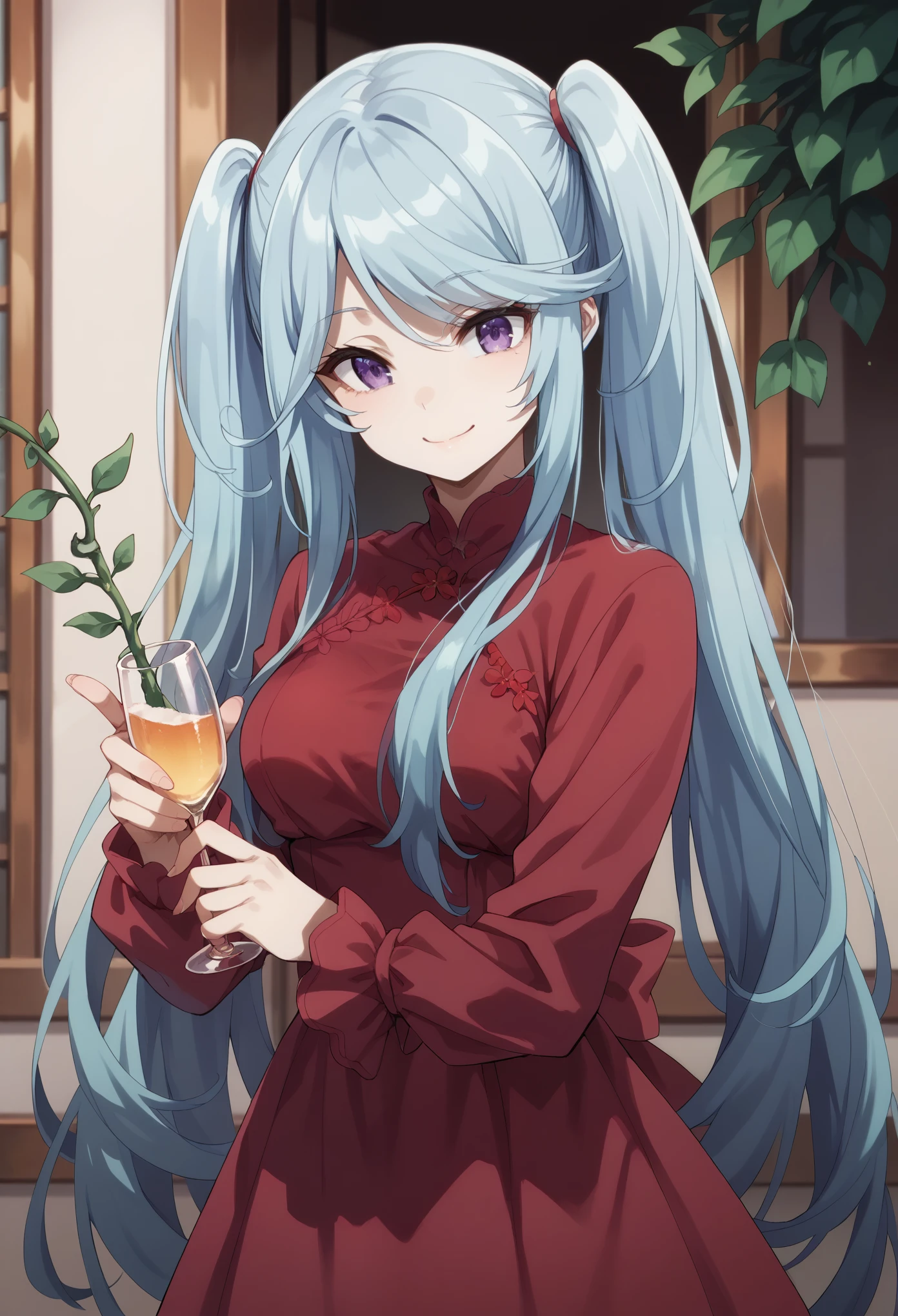 1girl,long hair,blue hair,purple eyes,twintails,red dress,clavage,holding vine glass,smile,pride