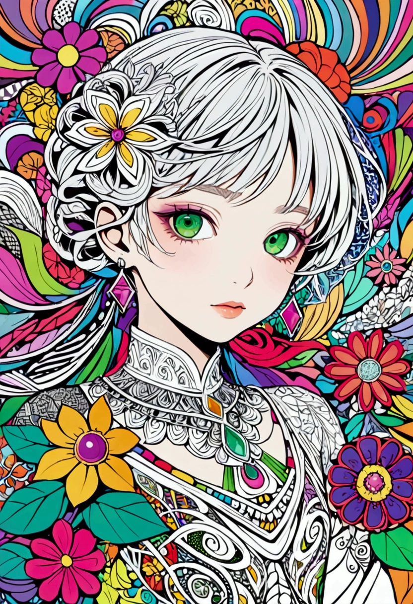Official Art, colorful, Very detailed, beautiful and aesthetic, beautiful, masterpiece, Highest quality, (zenTangle, colorful, Tangle, enTangle), (Flower Ecstasy:1.2) Dynamic Angle, Girl To, the most beautiful form of chaos, elegant, Brutalist Design, Vibrant colors, Romanticism, Venus、The background is silver&green: Surrounded by a white aura、god々Shii、An illustration、12 years old、whole body
