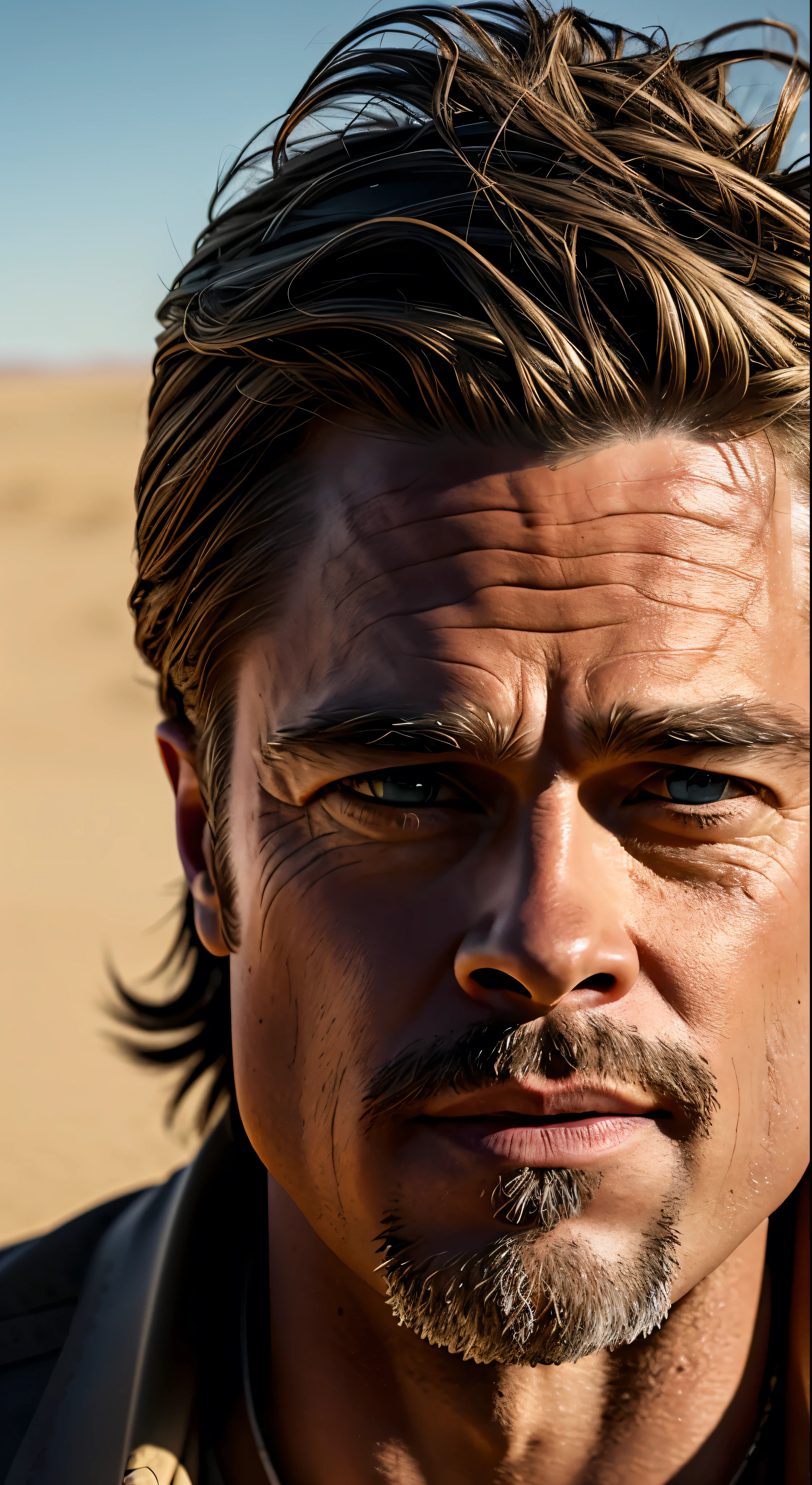 Brad Pitt driving in the desert、Character Portraits、Face from the front、Humvee、Thick neck、Anorld Rendering、twoface、Surreal Absurdity、Humveeに乗るブラットピット、RAW Photos、8K  UHD、Digital SLR、Soft Lighting、high quality、Film Grain、Fujifilm XT3　(Highly detailed skin:1.2)Facial details
