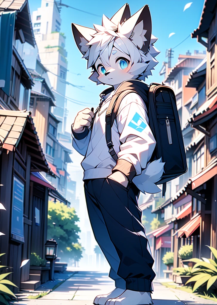 a solitary, short-haired, white-haired,( big blue eyes), confident, anthropomorphic standing furry little wolf, cute,((full body furry)), head bust close-up, 8k, highres, masterpiece, usharp focus, extreme detail description, professional, vivid colors, bokeh,delicate eyes,Wearing a handsome blue sweatshirt