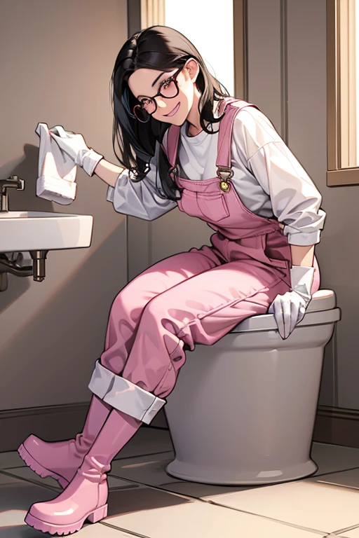 A mature woman with black hair and glasses wearing long sleeves and overalls, wearing large pink rubber gloves and white rubber boots, smiling as she cleans a toilet with her