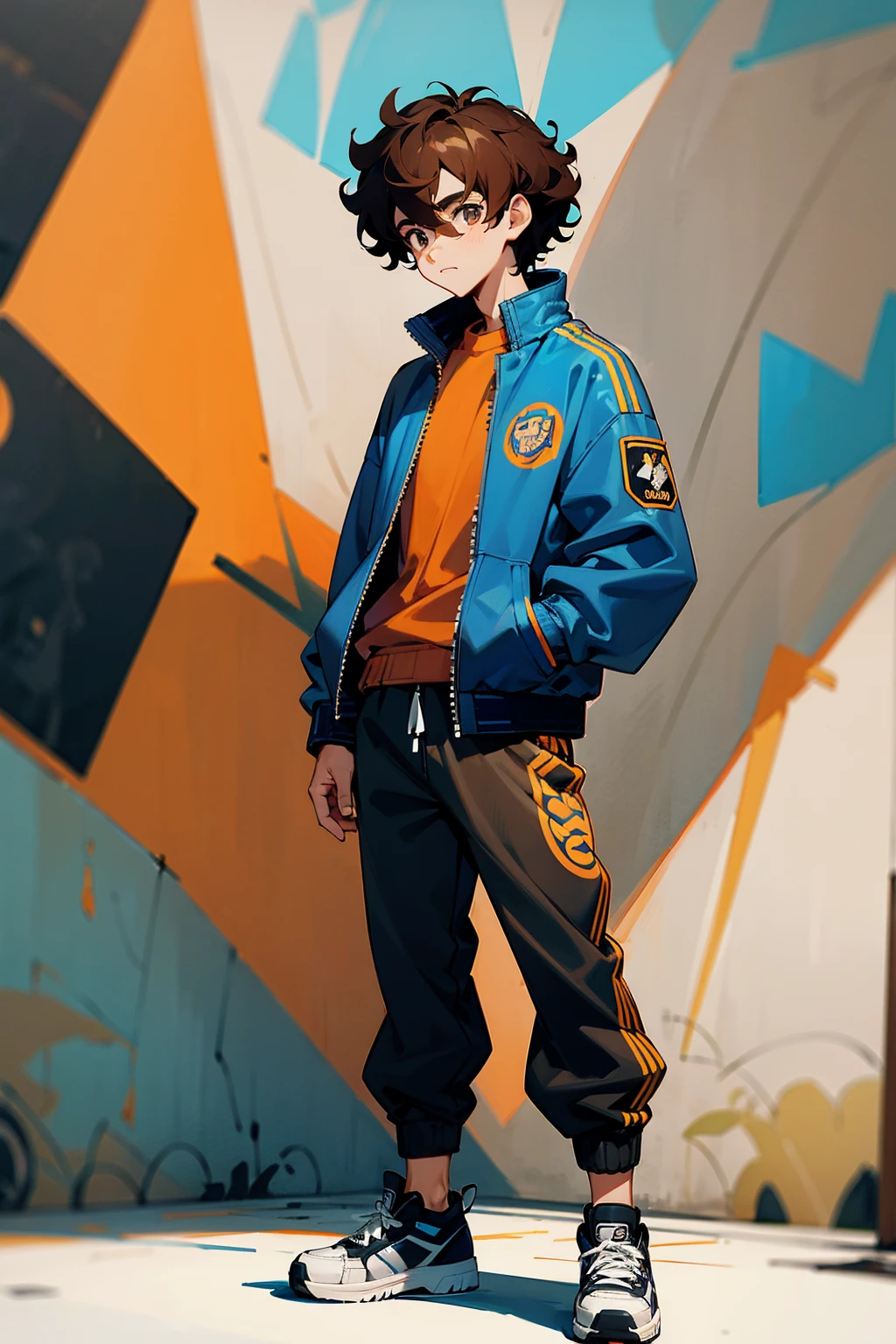 1male, curly brown hair, hazel eyes, blue bomber jacket with tiger embroidery, black joggers, white sneakers, standing in front of a graffiti wall, masterpiece, 8k, street art scene, standing on path