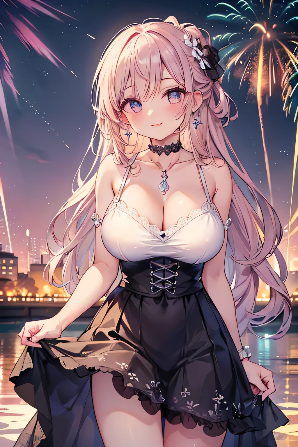 Highest quality、High resolution、Detailed Background、(Beautiful face in every detail:1.4)、Anatomically correct、(Normal number of fingers:1.2)、(Highly detailed face:1.2)、(Detailed eyes:1.2)、Beautiful women in their 20s、(Huge breasts:1.2)、Perfect body line、Light color hair、well-groomed eyebrows、Calm and elegant look、mysterious、Dreamy atmosphere、romantic、The sky is starting to darken、Dress with confidence、Feminine delicacy、Model pose、

(Two beautiful women with big smiles on their faces against the backdrop of illuminations and the night view:1.5)、

While showing off your shoulders and décolleté line beautifully、By emphasizing the I-line, you can create a feminine silhouette.、Shiny satin and sheer fabrics give a sexy look.、Deep colors such as red create a mature and sexy look.、A sheer camisole with lace innerwear for a sheer look、A camisole with an open back and a tight skirt make for a beautiful outfit that makes your back look beautiful too.、Put your hair up and show off your neck for a more sexy look.、Add some red lipstick and eyeshadow to brighten up your face and make it even more attractive.、Necklaces and earrings、By using accessories such as belts effectively, you can bring out your charm even more.、very beautiful