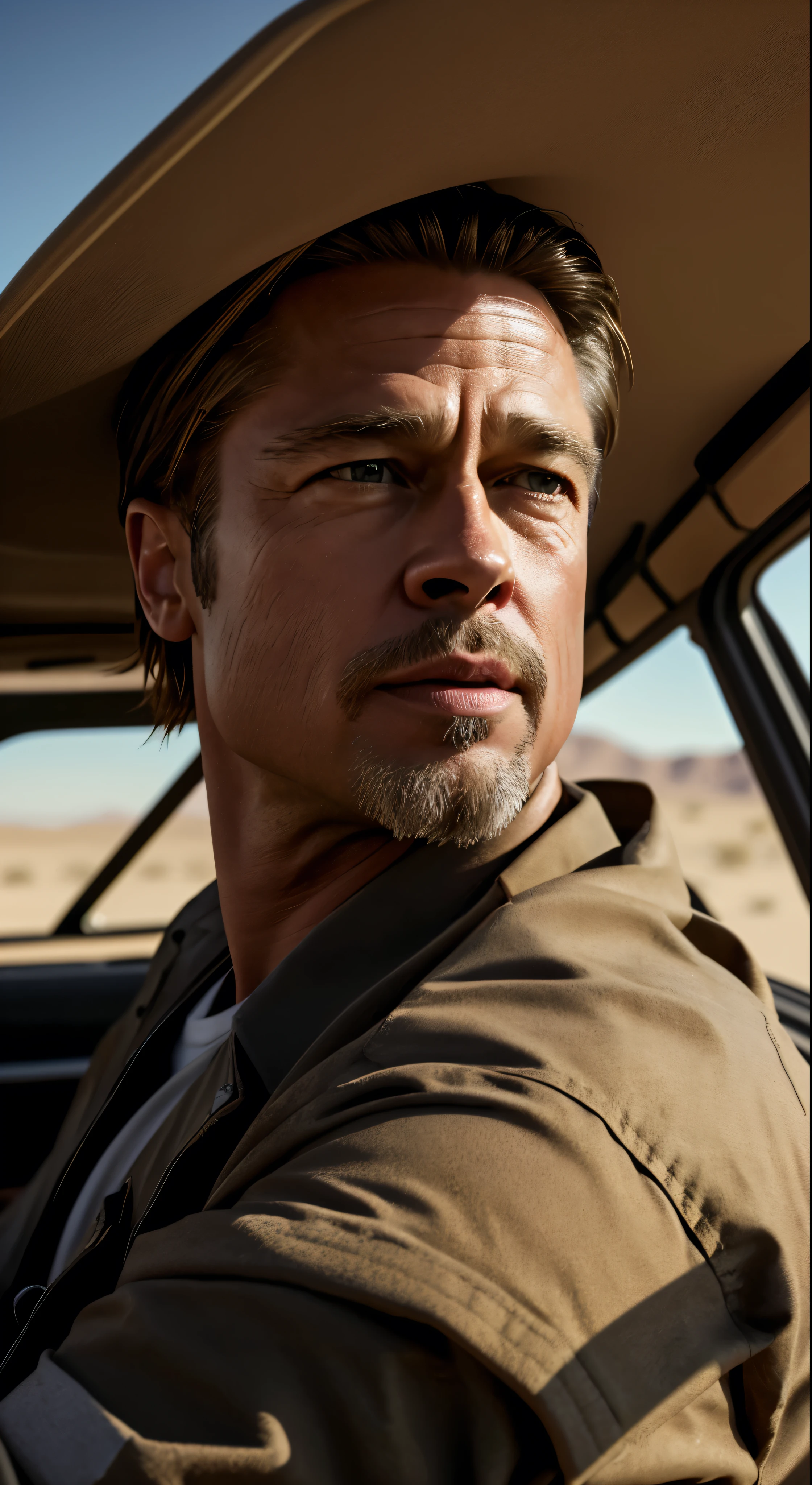 Brad Pitt driving in the desert、Character Portraits、Face from the front、Humvee、Thick neck、Anorld Rendering、twoface、Surreal Absurdity、Humveeに乗るブラットピット、RAW Photos、8K  UHD、Digital SLR、Soft Lighting、high quality、Film Grain、Fujifilm XT3　(Highly detailed skin:1.2)Facial details