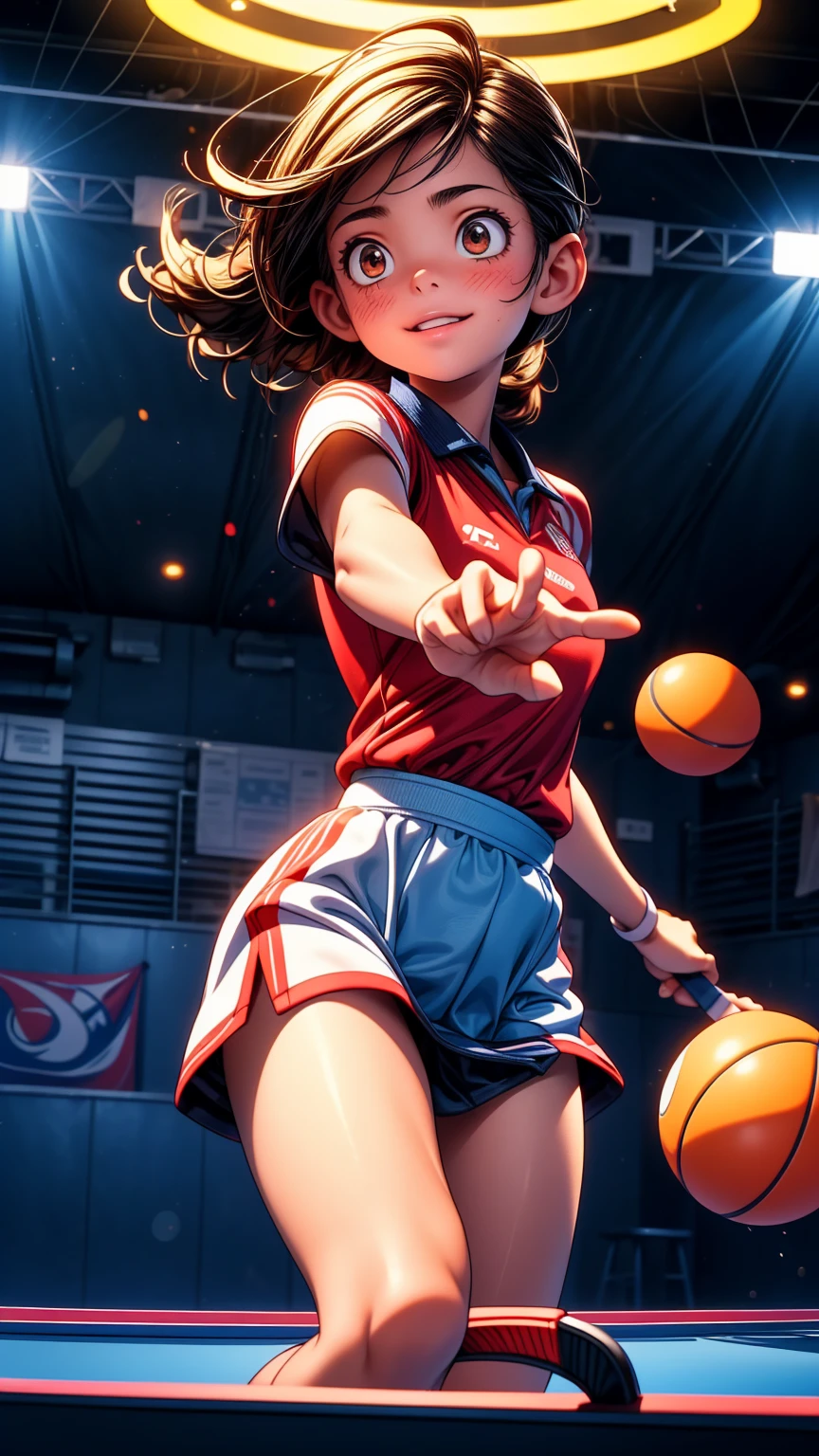 a girl playing table tennis, intense expression on her face as she serves the ball, racket in hand, dynamic motion, indoor sports court background, natural lighting, detailed texture, vibrant colors, (best quality,4k,8k,highres,masterpiece:1.2),ultra-detailed,(realistic,photorealistic,photo-realistic:1.37),detailed facial features, high action pose, powerful serve, intense focus, sports uniform, table tennis equipment, clean studio lighting, dynamic composition