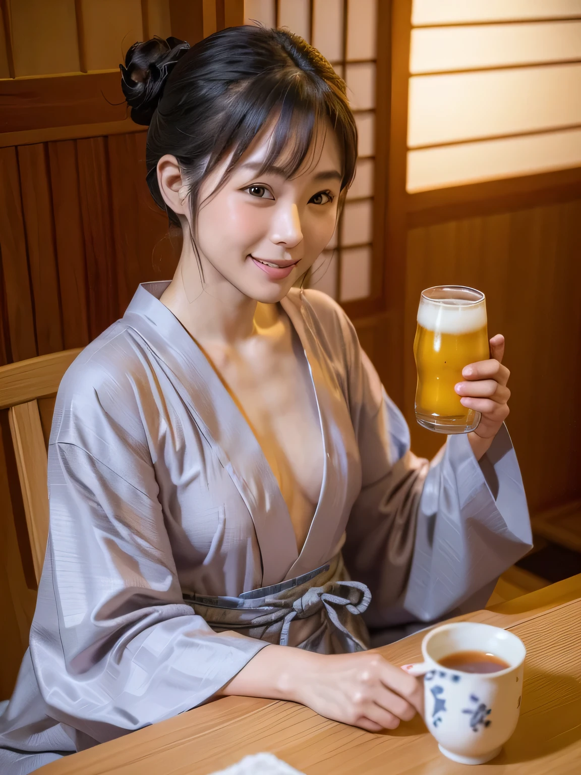 (high quality:1.2,Ultra-realistic) 、Detailed face、Detailed eyes、Beautiful Japanese Woman、22 years old、Black Hair,(Cleavage:1.2)、(breasts out),(nipples slip),The chest is on the table、ryokan, BREAK (wearing light pgray Japanese Checkered pattern yukata,obi),((ryokan yukata,onsen yukata)),Sitting at the table,  (Big smile,Happy expression:Pure joy),she has (bun hair with side bangs) and、 (Holding a large beer mug on the table)、(no bra,braless:1.3),(blushing:1.5),