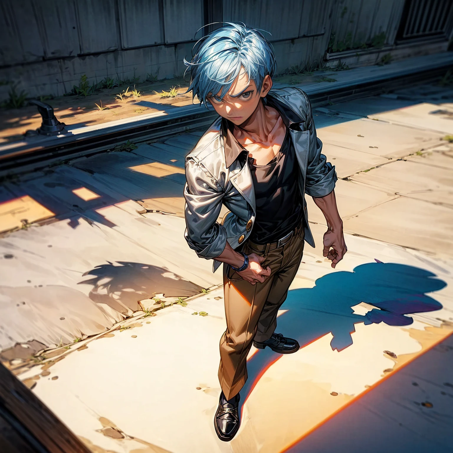 Solo character, young boy, Full body version, blue half white colour hair, short haircut, black shirt, brown trousers, shoes, no tie, Grassroots, background in Schoolyard, standing gesture, shadow, (one piece style art)