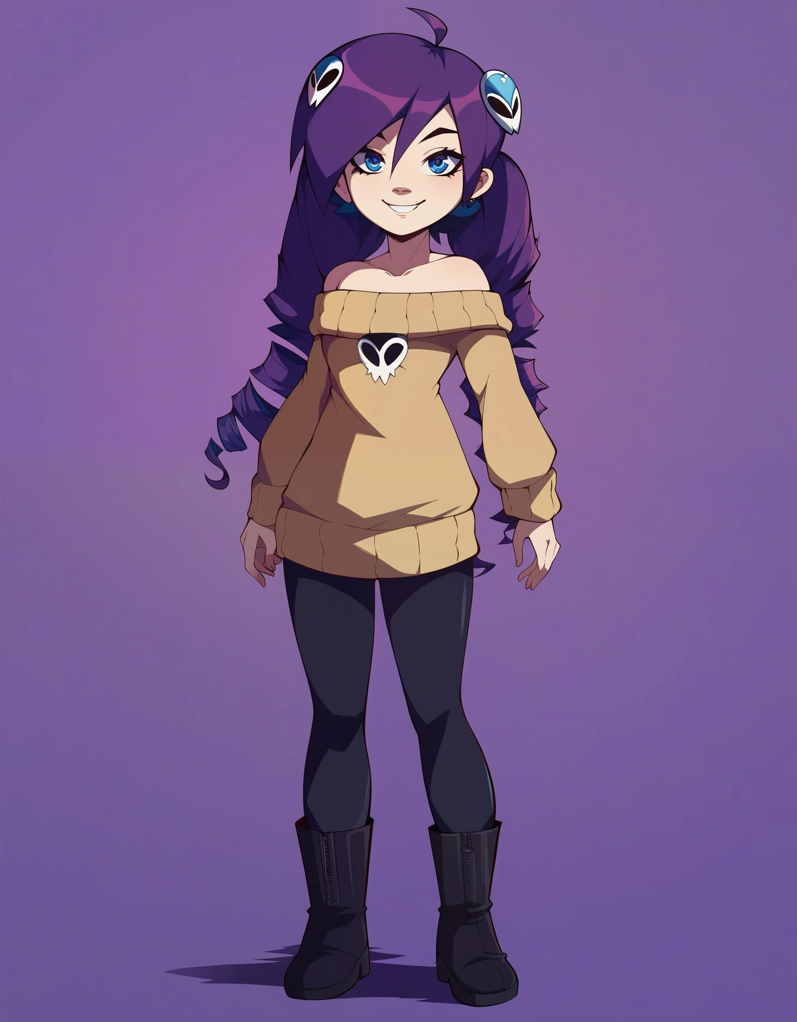 1girl, zonetan, drill hair, long hair, purple hair, skull hair ornament, ahoge, blue eyes, off-shoulder sweater, hip-high stockings, boots, standing, smile, front view, full body