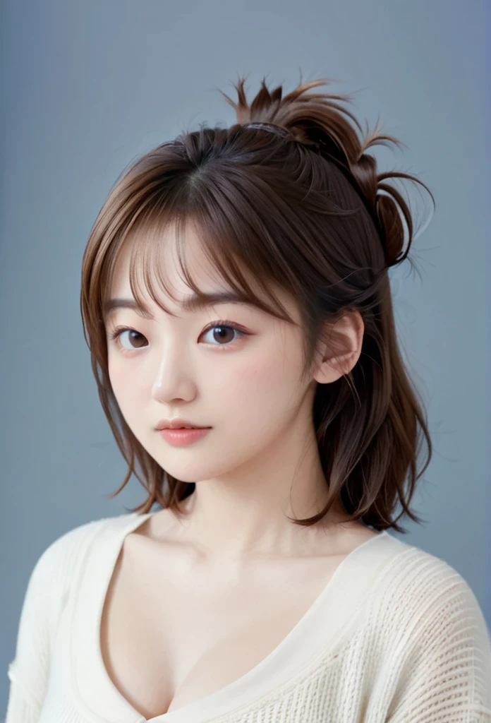 One girl, Brown Hair, Half-up hairstyle, Large pupil, precise, Textured skin, Body shape chubby