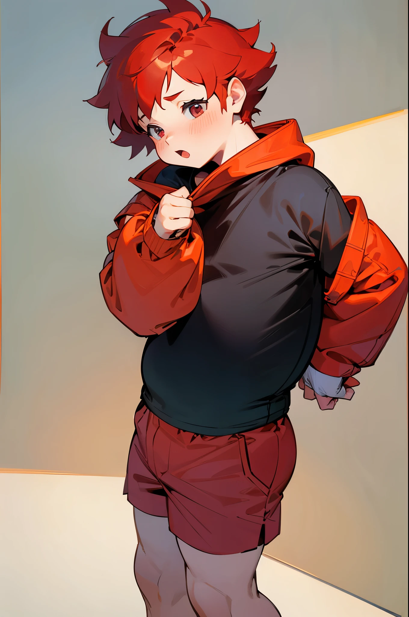 Imagine a chubby red-haired toddler boy with tight shorts