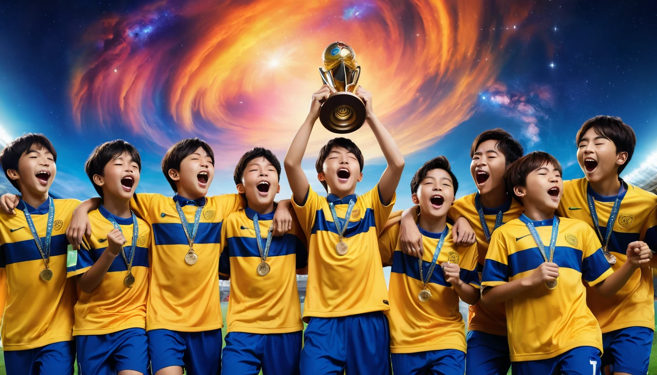 open mouth, shirt, black hair, closed eyes, male focus, multiple boys, glasses, parody, 6+boys, yellow shirt, sportswear, print shirt, soccer uniform, jersey, soccer, In this image, we can see a group of people wearing yellow T-shirts and holding a trophy. They are celebrating a victory. The background is dark and there is a screen displaying some text, colorful, colorful sky with a bright orange and blue nebula, twisted clouds, magic, ImgFixerPre0.3