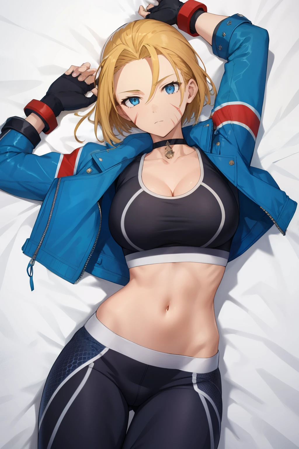 cammy sf6, black sports bra, choker, 1girl, solo, black pants, navel, abs, white background, blue eyes, pants,, scar on face, large breasts, scar on cheek, yoga pants, cleavage, open jacket, scar, cropped jacket, blonde hair, fingerless gloves, sports bra, short hair, gloves, midriff, blue jacket, lying on bed, 1boy, pov, missionary, pov chest, pov making out the girl,