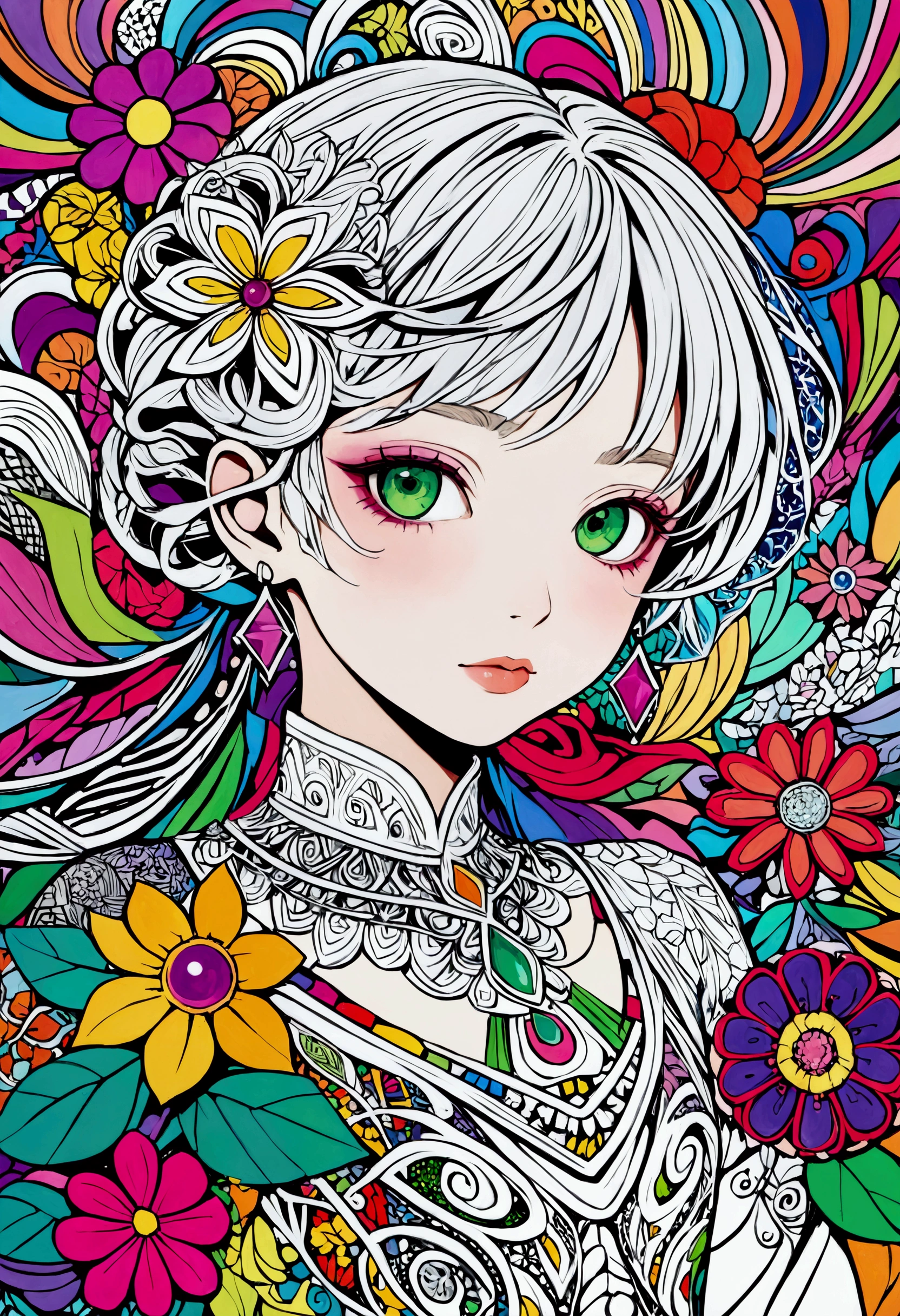 Official Art, colorful, Very detailed, beautiful and aesthetic, beautiful, masterpiece, Highest quality, (zenTangle, colorful, Tangle, enTangle), (Flower Ecstasy:1.2) Dynamic Angle, Girl To, the most beautiful form of chaos, elegant, Brutalist Design, Vibrant colors, Romanticism, Venus、The background is silver&green: Surrounded by a white aura、god々Shii、An illustration、12 years old、whole body