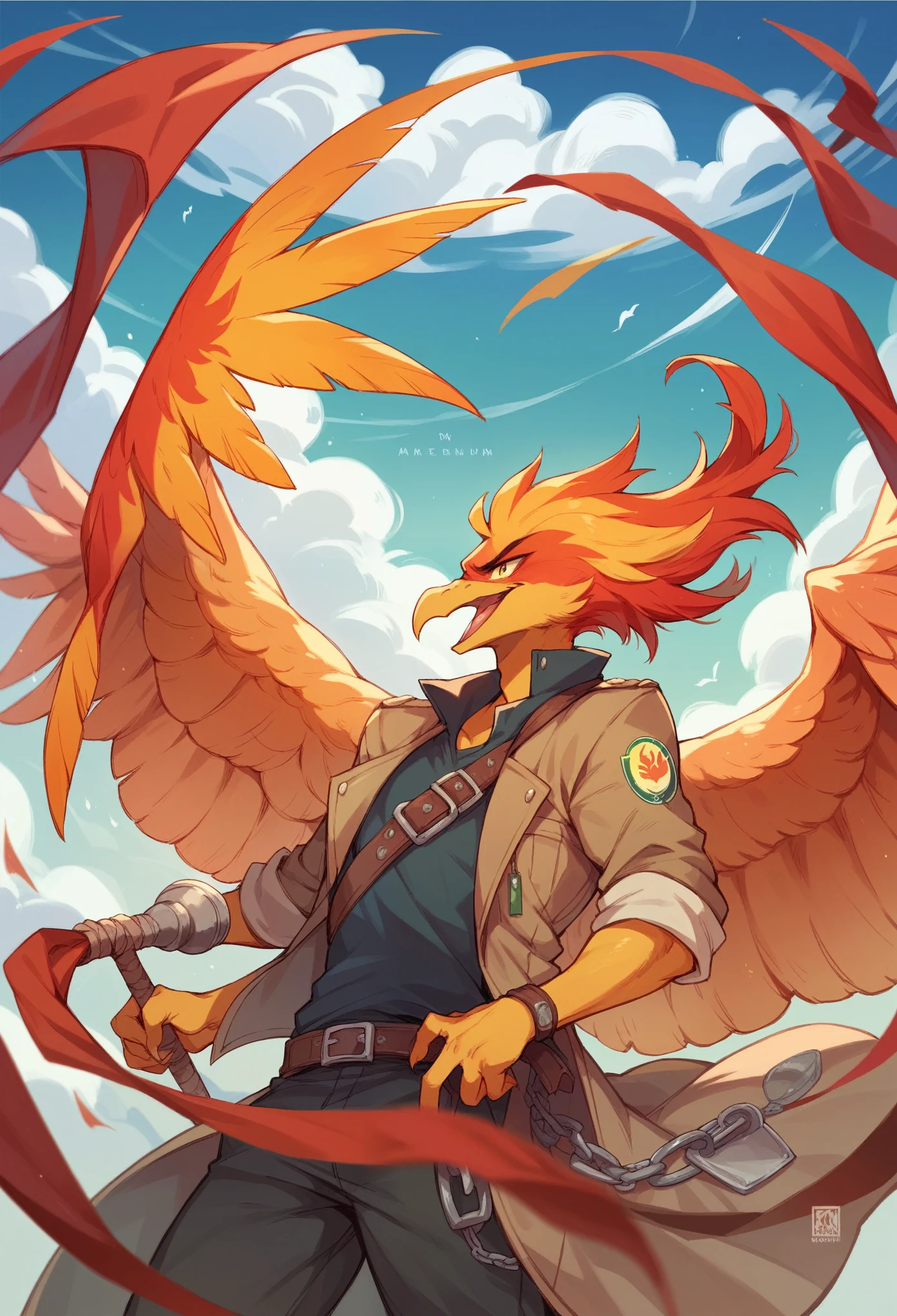 Create a flag with red, yellow and green colors with a phoenix and team logo to win T5 packing