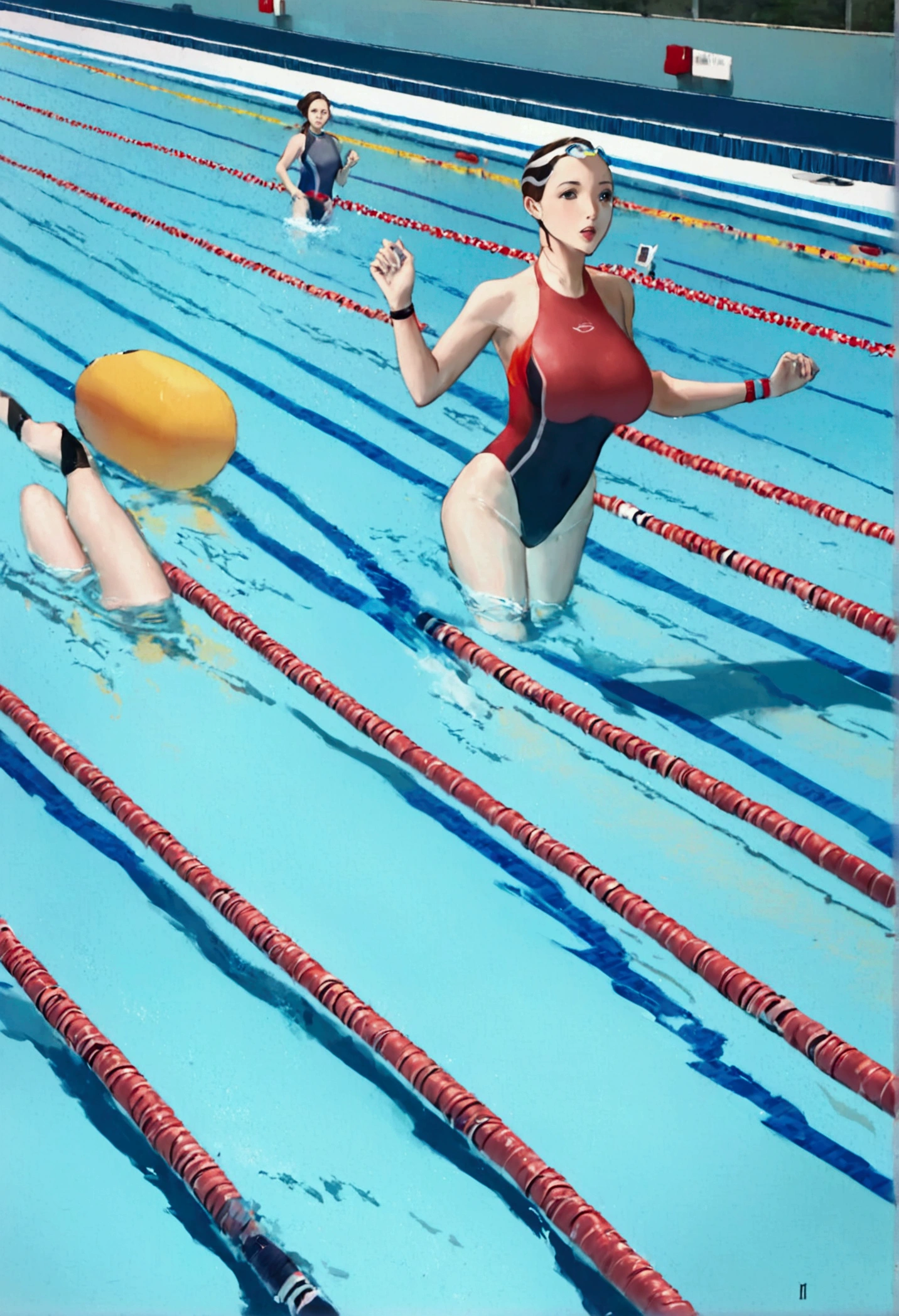 A group of swimmers are racing in a pool, cute women near 20 (athletic), buoy lines separate the swimmers lanes, high action, camera is low to the lead swimmers lane, photograph