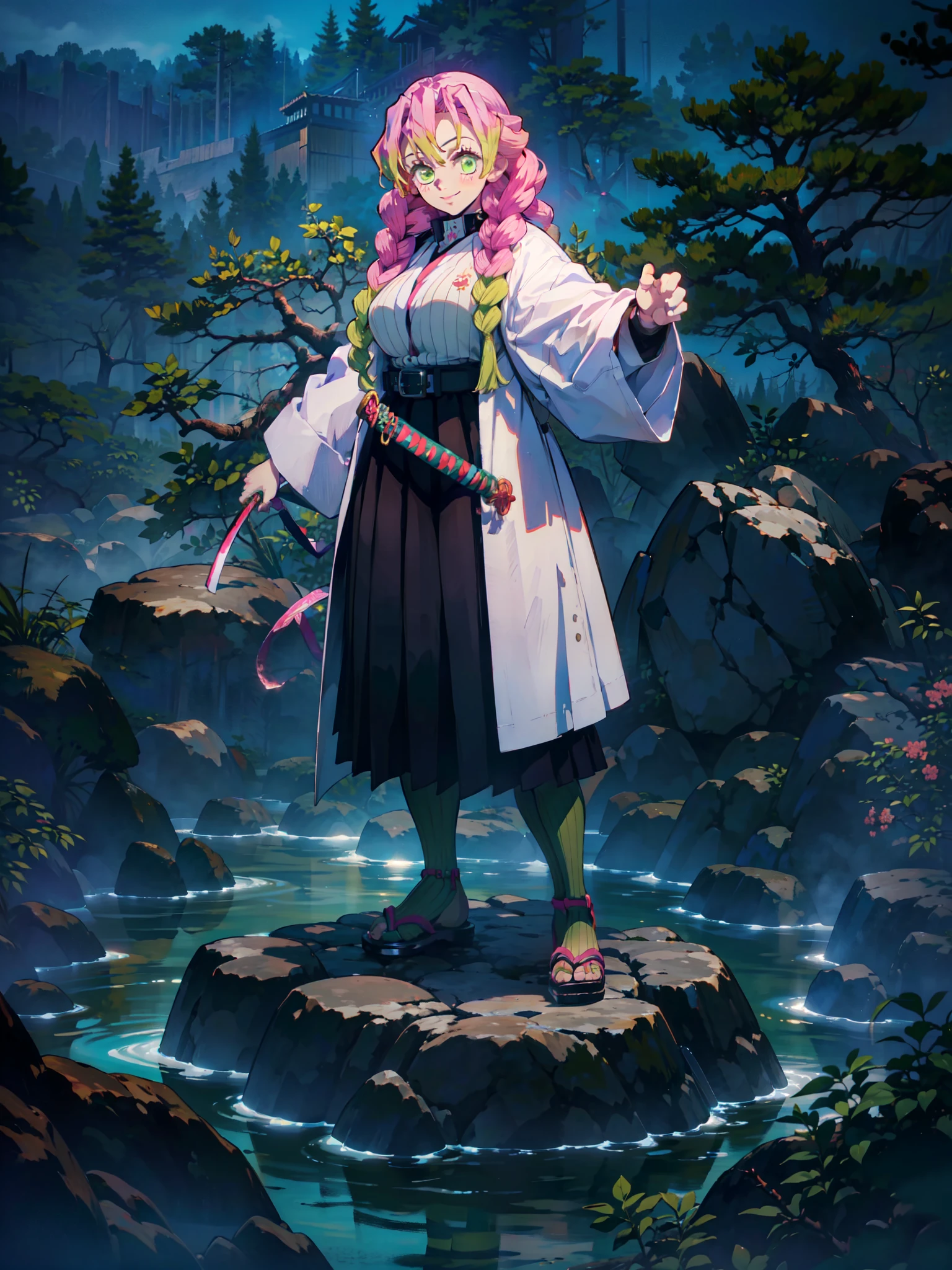 night, hot spring, standing, smile, 1girl, MitsuriKanroji, (solo, full body, White coat, belt, black dress, skirt, green striped stockings, straw sandals, Large breasts, breasts cut_out, Katana, samurai), Misty mist,((masterpiece)), best quality