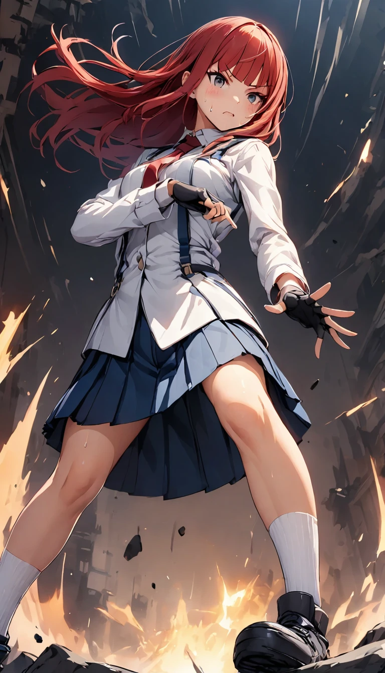 .detailed beautiful face and eyes,unity 8k wallpaper,{{masterpiece}}, {{{Highest quality}}},{{Very detailed}},1girl,30years old,{Mature Woman}},from below,full body,{{skinny }},Combat Stance,{{White High Socks}},{{Battle action}},Slim body,{{Slender body}},{{blue suspenders}},,,black fingerless gloves, blue mini skirt ,white Long sleeve uniform, ,Black fingerless gloves, Long Red Hair, Red tie,Straight hair ,Blunt bangs,{{v-shaped eyebrows}},anger,blush、Sweat