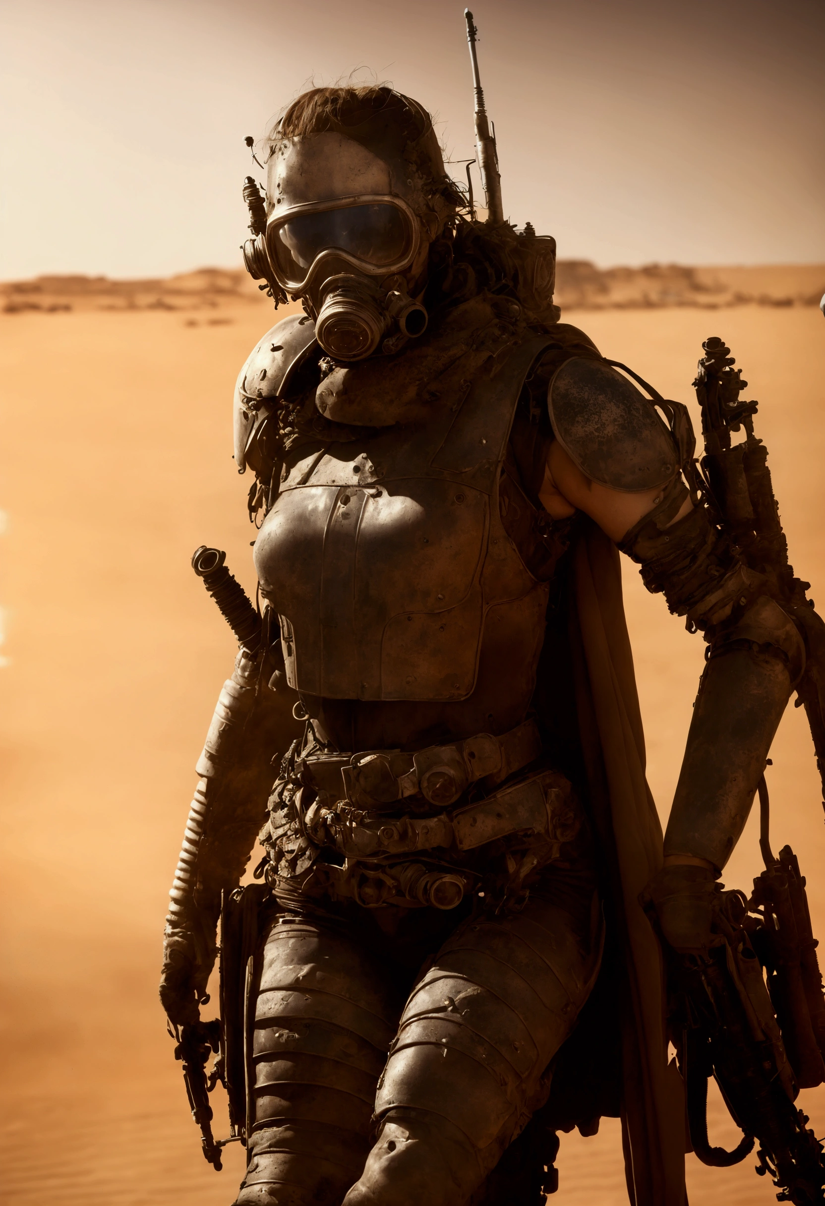 ((best quality)), ((​masterpiece)), (detailed), Dystopian Australian wasteland, Mad Max , Desert, 1 Figure, sexy woman, heavy body armor,, in worn, damaged clothing, sunglasses, gas mask, motorcycle.