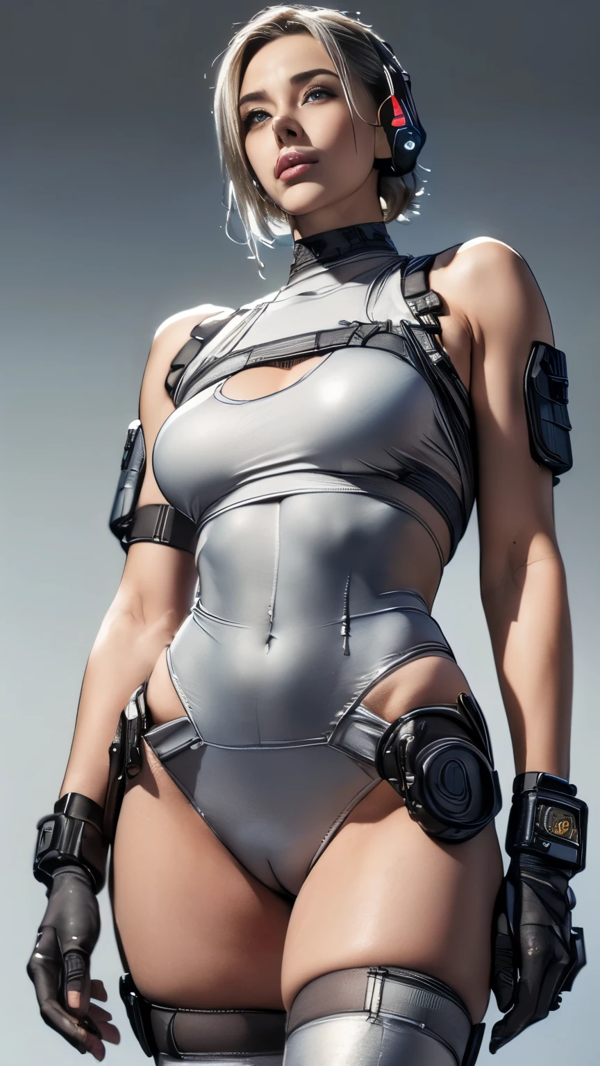 (A woman),(((A female member of the Future Force stands))),((Silver tactical high leg bodysuit:1.5)),((earphone:1.5)),((Tactical Holster:1.5)),(Gloves:1.5),(Serious:1.5),(Super short hair:1.5),(beautiful eyes:1.3),(Very detailedな顔:1.5),((Very detailed drawing of a female hand:1.5)),(((muscular:1.5))),((Sexy appearance:1.5)),((Thick thighs:1.5)),(Beautiful Body:1.5),((Very sensual:1.5)),(The backdrop is a futuristic city:1.5),(Cyberpunk atmosphere:1.5),(((Blurred Background:1.5))),(Written border depth:1.5),rest(((masterpiece:1.5),(best quality:1.5),(Very detailed:1.5),(high resolution:1.5),(Practical:1.5),(Practical:1.5),(Delicate depiction),(Carefully drawn))),8k,wallpaper, (((camel toe1.5))),(from below:1.2)