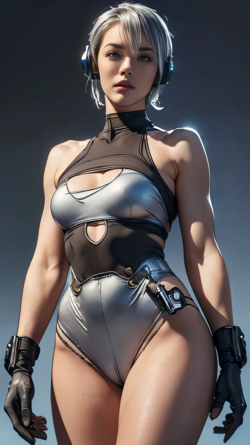 (A woman),(((A female member of the Future Force stands))),((Silver tactical high leg bodysuit:1.5)),((earphone:1.5)),((Tactical Holster:1.5)),(Gloves:1.5),(Serious:1.5),(Super short hair:1.5),(beautiful eyes:1.3),(Very detailedな顔:1.5),((Very detailed drawing of a female hand:1.5)),(((muscular:1.5))),((Sexy appearance:1.5)),((Thick thighs:1.5)),(Beautiful Body:1.5),((Very sensual:1.5)),(The backdrop is a futuristic city:1.5),(Cyberpunk atmosphere:1.5),(((Blurred Background:1.5))),(Written border depth:1.5),rest(((masterpiece:1.5),(best quality:1.5),(Very detailed:1.5),(high resolution:1.5),(Practical:1.5),(Practical:1.5),(Delicate depiction),(Carefully drawn))),8k,wallpaper, (((camel toe1.5))),(from below:1.2)