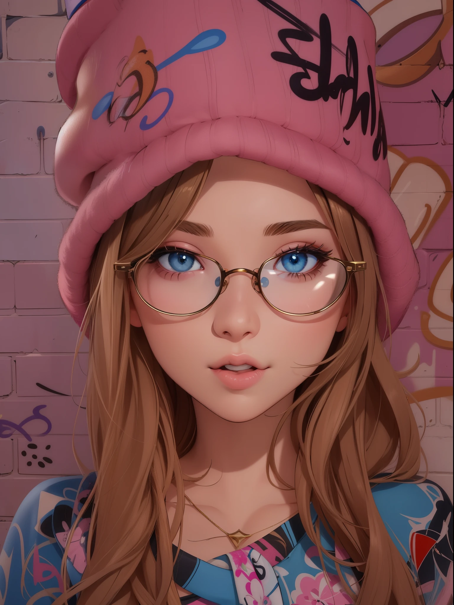 best quality, ultra-detailed, photorealistic: 1.39) masterpiece, best quality, Beautiful girl, light brown hair, stylish glasses, pink lips, face photo, blue eyes, graffiti background, neckline, blouse and winter hat