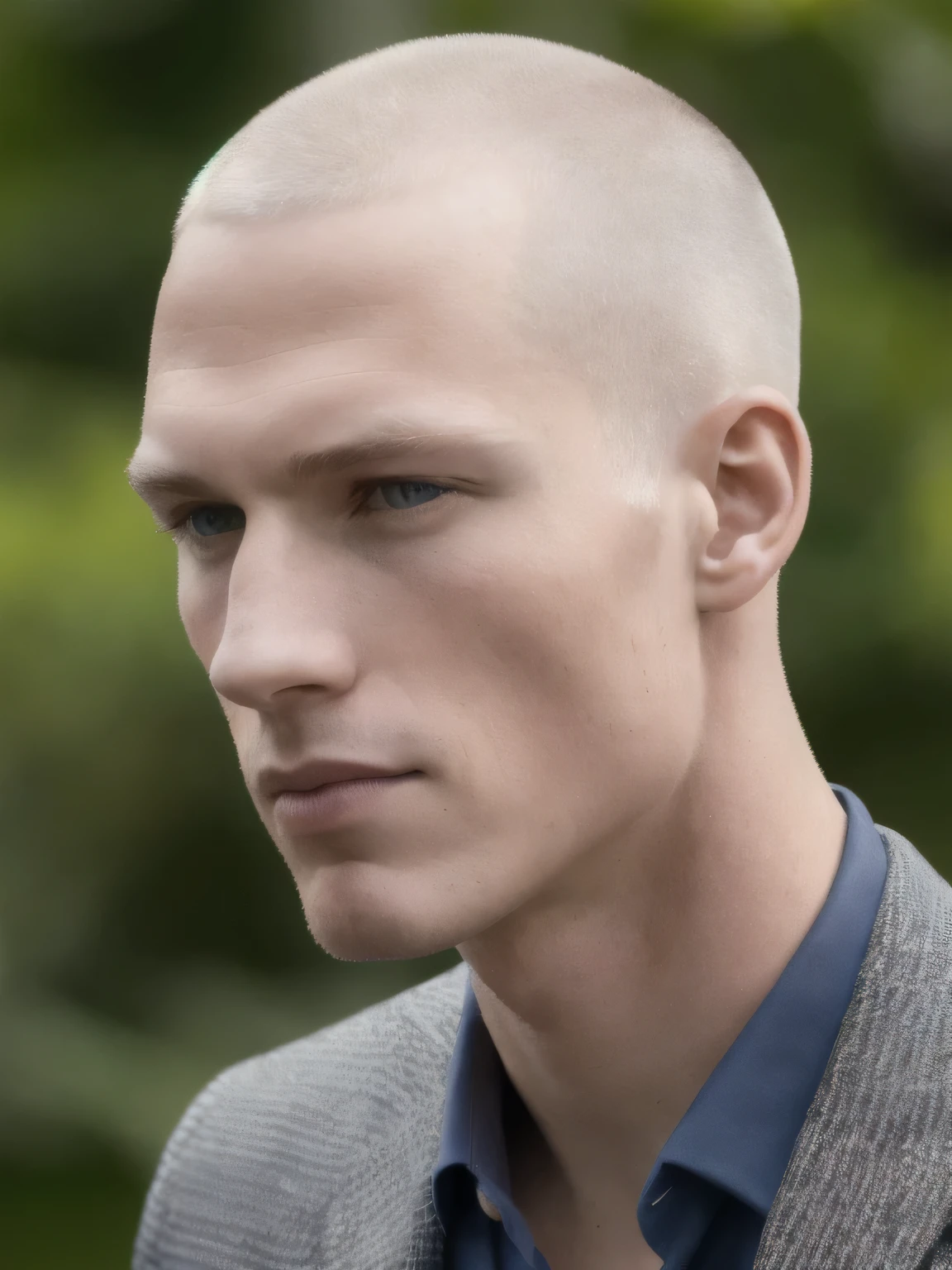 (8k, RAW photo, best quality, masterpiece:1.2), (realistic, photo-realistic:1.37), ultra-detailed, (high detailed skin:1.2), 8k uhd, dslr, soft lighting, high quality, film grain, Fujifilm XT3, professional lighting, handsome 1man , (thin lips:1.3), masterpiece, pale skin,  gray eyes, blond, shaved head,(strong jaw:1), brutal, from side shot