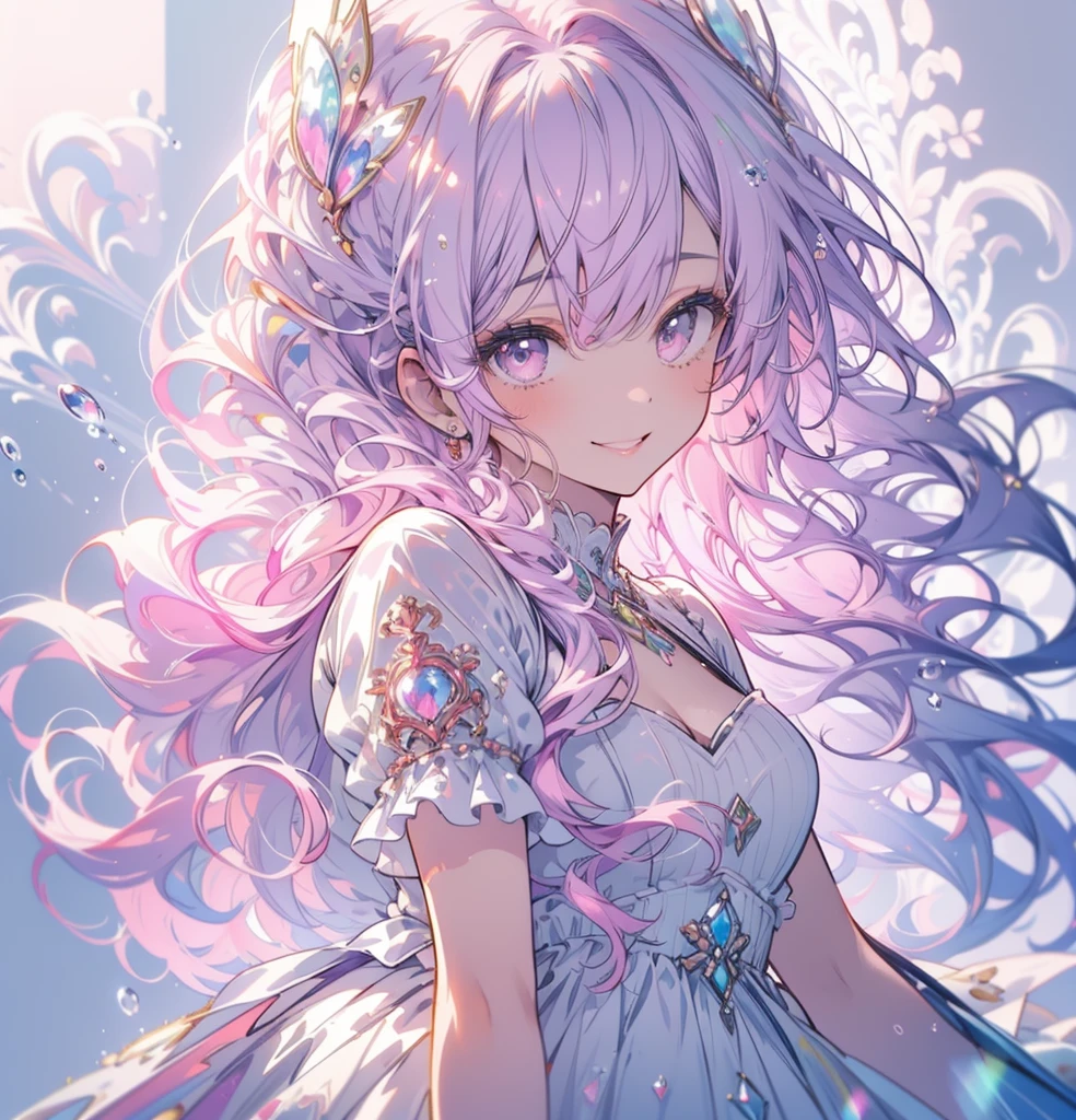 (masterpiece,Highest quality, Very detailed, beautiful, Exquisite, 16K, Full HD), ((smile,Happy:1.5)),get up,((Frills, Sparkling fluffy layered ball gown)), (Pink medium hair,Wavy Hair,Fluffy hair),(White skin,Lavender eyes, Long eyelashes, Big eyes,Pale pink cheeks), (pastel colour,Fantasy art:1.2), (White Background:1.8),Facing forward,Upper Body,身体はFacing forward