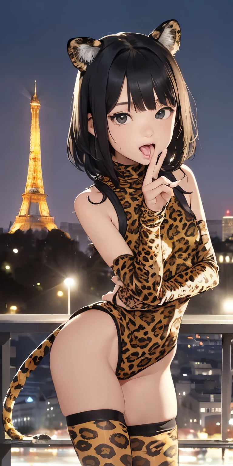 ( girl licking her fingers)Realistically、Black Hair、Butt EmphasOn all fourouth open and sexy expression(10 year old girl))n breast valley、Wearing a full-eopard print turtleneck sleeveless bodysuit、Various sexy poses、Background Eiffel Tower night