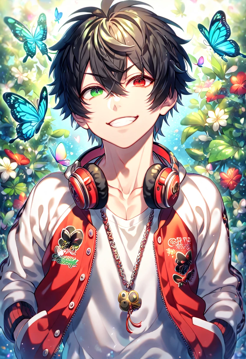 absurdres, highres, ultra detailed, HDR, master piece, best quality, extremely detailed face, delicated features, Yamada Ichiro, chin length black hair, heterochromia, right eye green, left eye red, Hypnosis Mic, solo, sexy man, handsome, handsome smile, red varsity jacket, white hoodie, red headphones around his neck, fantasy, magical, butterflies, summer, green leaves, flowers, water