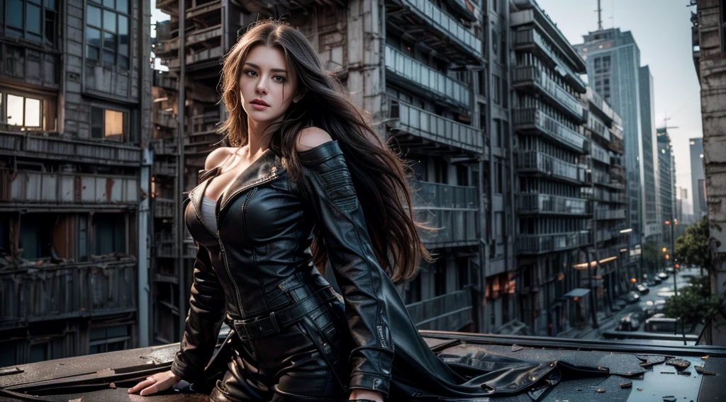 ((masterpiece, best quality, Highest image quality, high resolution, Reality, RAW photos, 8K)), Future city ruins,Huge humanoid,standing on top of the building,Beautiful girl,Tight leather jacket,Off-shoulder,Large Breasts,Long hair,Pretty face,Closed mouth,dramatic,Mid-range portrait,midnight