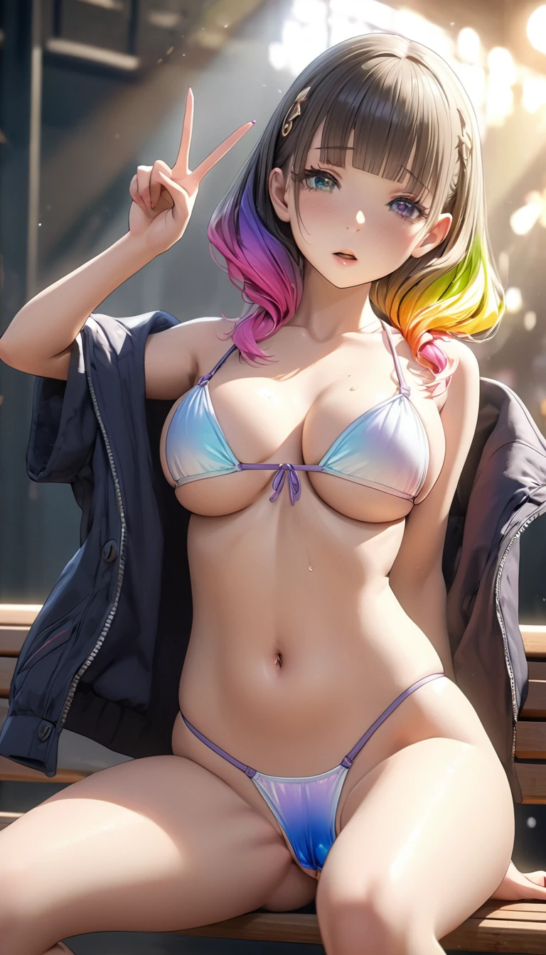 Masterpiece、最high quality、high quality、High definition、High resolution、High detail、Lens flare、Ray tracing method、high qualityの質感、high qualityの影、Beautiful details、Detailed explanation、Detailed texture、Realistic expression、Realistic and colorful、Delicate、Cinematic Light、Side light、Sharp Focus、(1 Girl:1.3)、(Intricate detailakeup、Pure Eros Face_v1:0.5)、(Details Beautiful delicate face、Detailed beautiful delicate eyes、Perfect Facialrtions、Detailed skin、Charm)、fancy hairstyles、Beautiful bangs、(Two-tone gradient hair color)、slender、(Upturned beautiful breasts)、Rai arm and make a peace sign、(Detailed crotch、Open crotch、Showing off your crotch)、Female juice、(Experiencing the best orgasm)、(Spread youd open your legs)、Light-colored mini bikini、Light-colored V-cut、Light-colored thong、Beautiful ass、Thigh mini skirt、Low-riseni skirt、Jacket、Low-angle composition、bench、(Take a deep breath、Work on this image step by step)