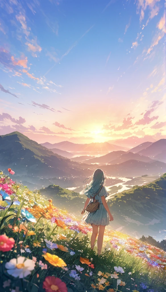 "Illustrate a serene, peaceful nature scene in summer with vivid, beautiful colors in photorealistic 8K quality. Show an 18-year-old anime girl standing on a lush mountain, reaching towards the endless blue sky, facing away from the screen. Below her, green meadows bloom with colorful flowers, while distant peaks bask in the summer sun, inspiring peace, awe, and tranquility. Ensure the image is a masterpiece with intricate details and stunning visual quality."