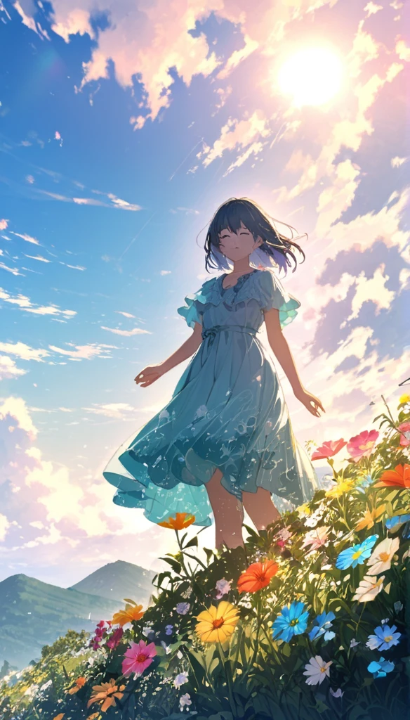 "Illustrate a serene, peaceful nature scene in summer with vivid, beautiful colors in photorealistic 8K quality. Show an 18-year-old anime girl standing on a lush mountain, reaching towards the endless blue sky, facing away from the screen. Below her, green meadows bloom with colorful flowers, while distant peaks bask in the summer sun, inspiring peace, awe, and tranquility. Ensure the image is a masterpiece with intricate details and stunning visual quality."