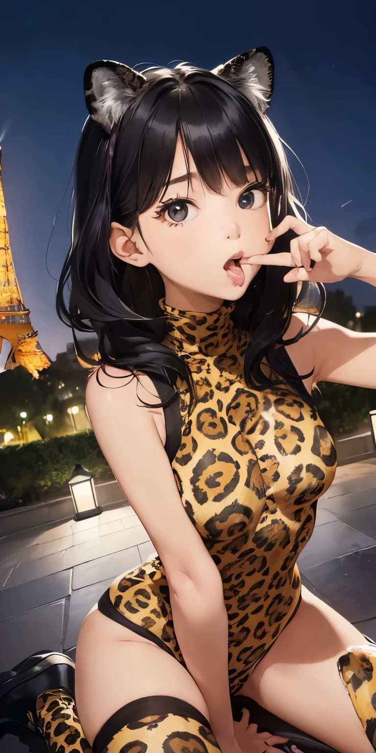 Sweaty(Mouth wide open and orgasmic face)、(( girl with braided hair))Realistically、(Get on all fours with your elbows on the floor)、Tail Emphasiouth open and sexy expression、Emphasis on breast valley、Wearing a full-body leopard print bodysuit、Various sexy poses、Background Eiffel Tower at night