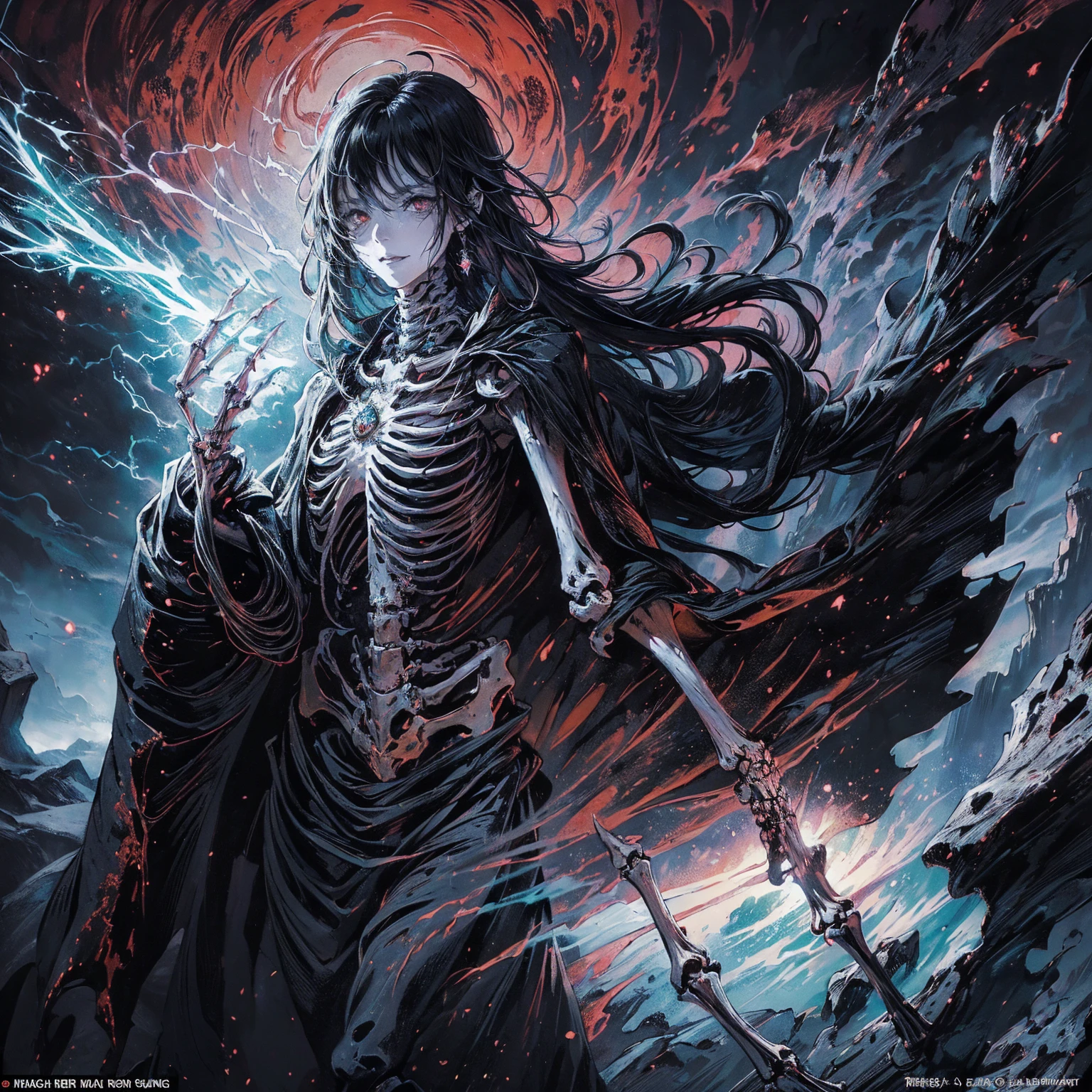 (full body shot:1.5), (Wide-angle lens:1.2), (black hair:1.5), best quality, 4K, high resolution, (masterpiece:1.2), Very detailed, (current:1.37), (Anatomically correct:1.2), Mood lighting, Undead girl in a long cloak, (Torso and limb is skeleton bone but head is still beautiful human face:1.3), Wearing a tattered gothic skirt, A sense of alienation, Dangerous sneer, Smiling and crying, Dark Force (StarWar), Force lightning radiates from fingertips, Facing the camera, Pitch black sky, Blood red moon, strange atmosphere, Gothic style, Unforgettable beauty, Dramatic shadows, Ethereal Light, Mysterious atmosphere, Resurrection from the grave, The Black Magic, Dead, Anime characters with black hair, Detailed cover design, Anime epic artwork, detailed key anime art, Be focused, dark fantasy artwork, Anime Fantasy Artwork, Official artwork with high detail, Dark Witch Panorama, Lich Vecna (d&d)