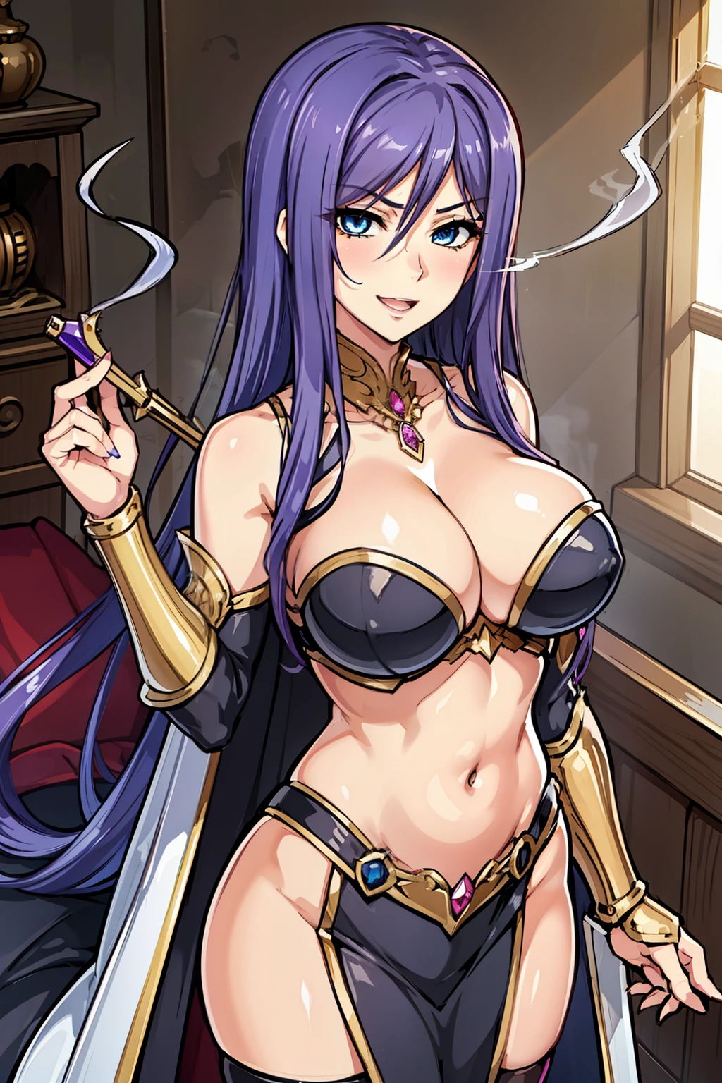 jewelry,gem, necklace,
blue eyes, purple hair,long hair,Bangs,
long hair, lipstick, smile, Hot girl, baddie, staring, glaring, bad attitude, mean girl, dare, angry, hate, crazy, smoking, sensual, attractive, masterpiece, best quality, highly detailed, fantasy , a anime girls in armored dress holding a sword
posing for a picture, evil smile, smile, open mouth, breastplate with open cleavage, cleavage, warrior
outfit, ecchi anime style, anime girls, ecchi style, (nsfw) not safe for work, ecchi, digital anime art!!, in
anime style, official artwork, visual novel cg, beautiful anime girl, anime style 4 k , loincloth, exposed
belly, exposed navel, exposed midriff, exposed lower belly, pencil skirt armored, castle,inside castle