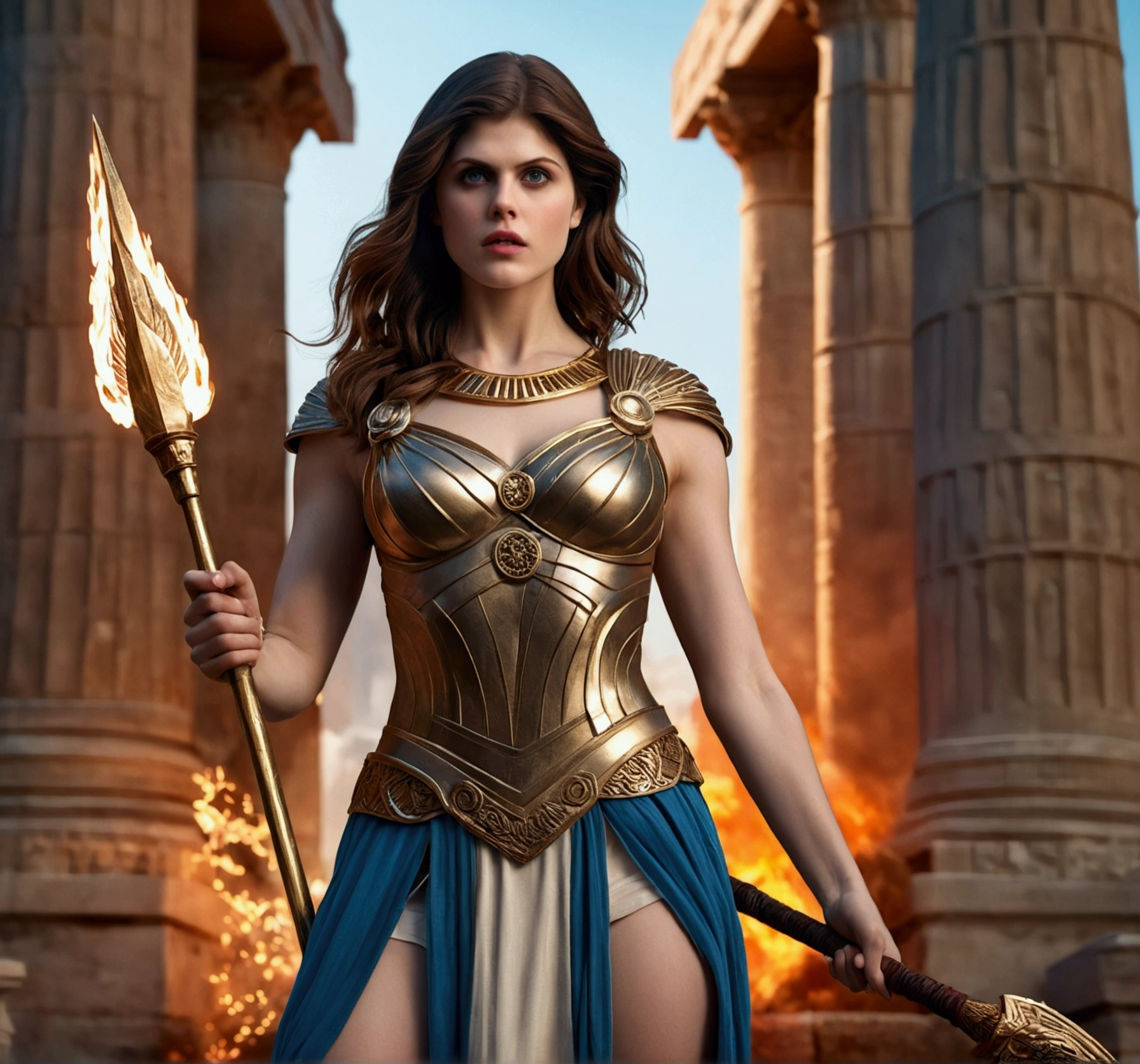 Highly detailed RAW photo of realistic  actress Alexandra Daddario as roman goddess wearing sexy and revealing goddess dress standing infront of roman temple holding a spear with fire on the top, dynamic pose, (wide hips), (detailed ), (detailed lips), (detailed eyes), (Sci-Fi setting) (detailed face), (curvy), detailed eyes, depth of field, soft lighting, masterpiece, best quality, intricate, (lens flare:0.7), (bloom:0.7), particle effects, raytracing, tone mapped, highly detailed, concept art, smooth, sharp focus, dramatic lighting, highly detailed artwork, cinematic, hyper realistic painting, trending on Artstation, 8K, incredible shadows, realistic, (highly detailed background:1.2), art by midjourney