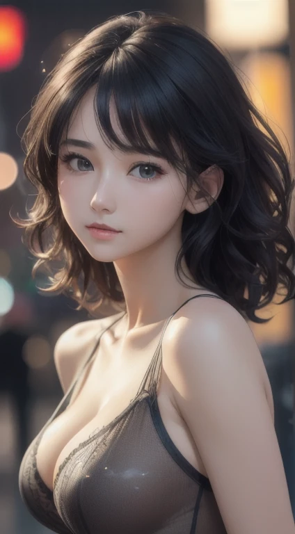 Mix 4, (8k, RAW Photos, Best image quality, masterpiece: 1.45), (Realistic, Photorealistic: 1.37), One Girl, cute, Cityscape, night, rain, Wetty, Professional Lighting, Photon Mapping, Radio City, Physically Based Rendering, Gradient black hair, Gray Hair, Short Curly Hair, With a girl, Perforated see-through bodysuit, Highest quality photos, High resolution, 1080P, (Clear Face), (Detailed face description), (Detailed hand description), (masterpiece), (Exquisite CGI)、Extreme light and shadow、Disheveled Hair、masterpiece、Rich details、(Beautiful Faces)、(Highest quality photoasterpiece)、(Detailed eyes)、Look in front of you、Cleavage、(Browsing Caution:1.2)