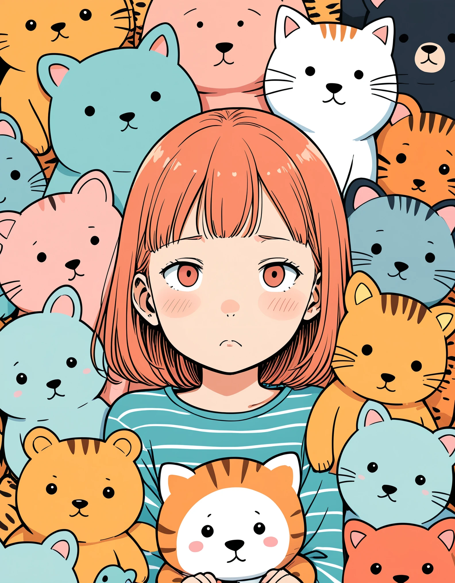Jean Julian (Jean Jullien) style,The cutest,1 Girl, Being squeezed by a bunch of stuffed animals,Only the squeezed and deformed face is exposed,Pout,Cute illustrations