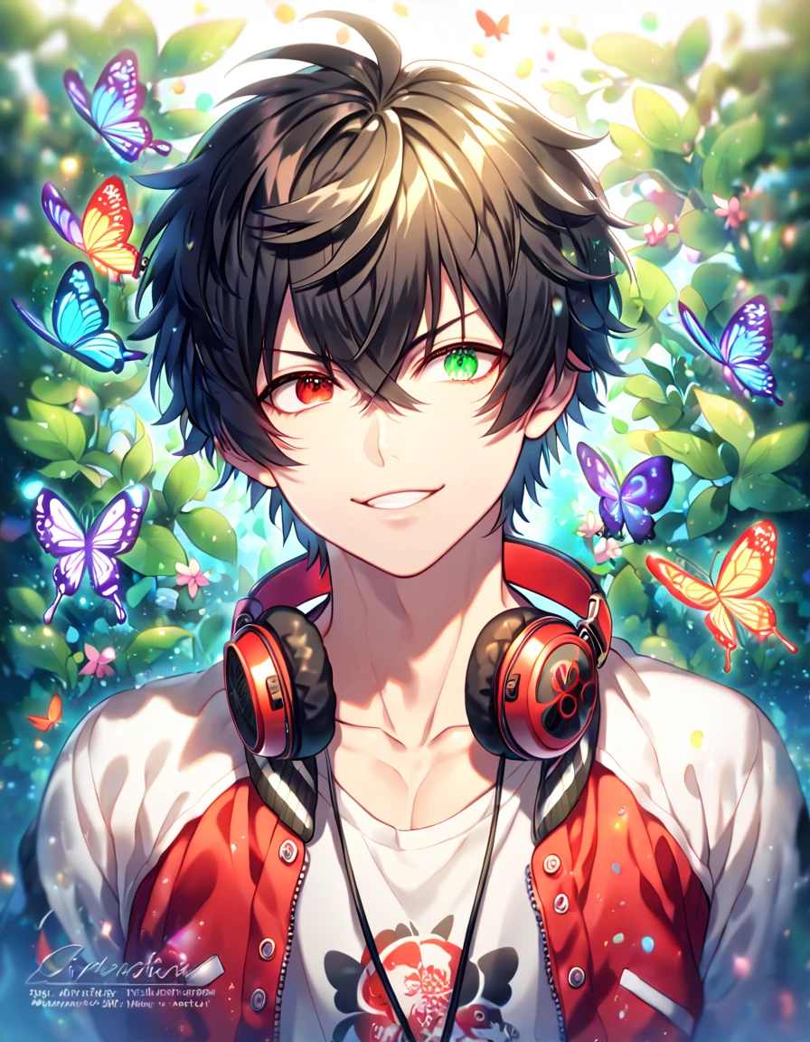 absurdres, highres, ultra detailed, HDR, master piece, best quality, extremely detailed face, delicated features, Yamada Ichiro, chin length black hair, heterochromia, right eye green, left eye red, Hypnosis Mic, solo, sexy man, handsome, handsome smile, red varsity jacket, white hoodie, red headphones around his neck, fantasy, magical, butterflies, summer, green leaves, flowers, water