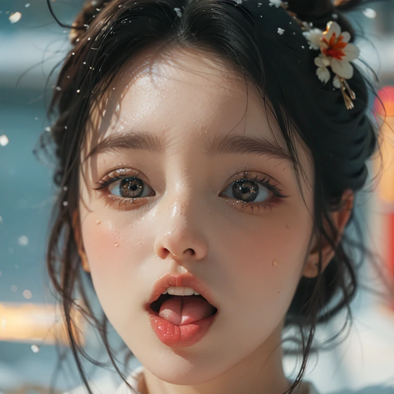 ExtremelyDetailed Kawaii girl Face,(Close-up Sweet lips), glossy lips with beautiful details, Coquettish tongue, Kissing to camera, towards the viewer, 8K TopQuality masterpiece,an extremely delicate and beautiful (ProfessionalPhoto:1.37), {Amazing|finely detail|official art|incredibly absurdres},ultra-detailed close-up shot, close up, (fish eye lens), wide lens, macro lens, Detailed reflective Eyes ElaboratePupils with (sparkling highlights:1.28) (Delicate Voluminous LongEyelashes:0.88), {(Tilted face:1.22)|Visible back of throat|saliva drips|naked shoulder}, (Dripping juice on tongue:1.23) snow particles