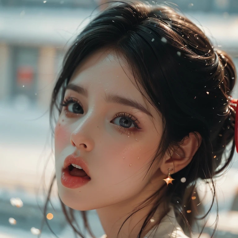 ExtremelyDetailed Kawaii girl Face,(Close-up Sweet lips), glossy lips with beautiful details, Coquettish tongue, Kissing to camera, towards the viewer, 8K TopQuality masterpiece,an extremely delicate and beautiful (ProfessionalPhoto:1.37), {Amazing|finely detail|official art|incredibly absurdres},ultra-detailed close-up shot, close up, (fish eye lens), wide lens, macro lens, Detailed reflective Eyes ElaboratePupils with (sparkling highlights:1.28) (Delicate Voluminous LongEyelashes:0.88), {(Tilted face:1.22)|Visible back of throat|saliva drips|naked shoulder}, (Dripping juice on tongue:1.23) snow particles