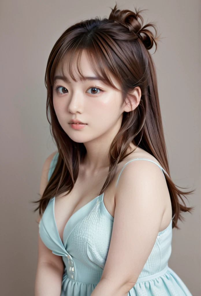 One girl, Brown Hair, Half-up hairstyle, Large pupil, precise, Textured skin, Body type: Chubby, Medium length