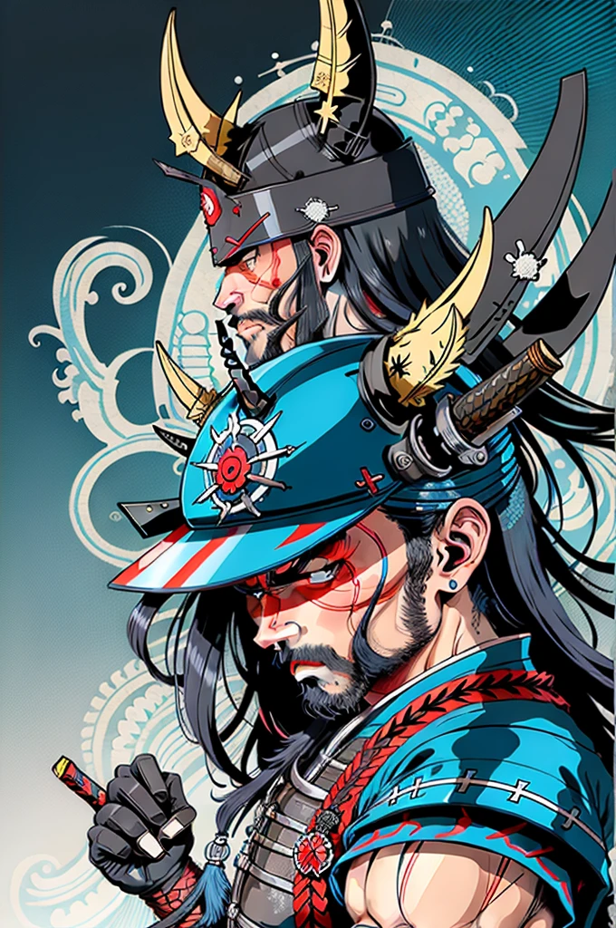 Yasuo blue samurai with long hair in the style of 0mib