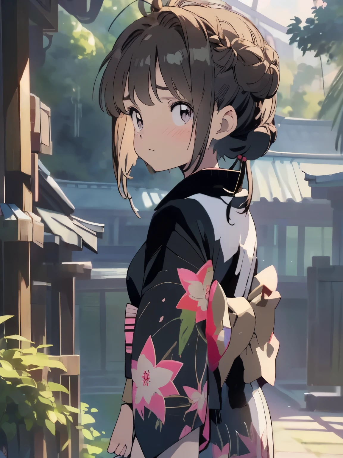 ((black yukata)) standing alone, (Pokémon Sakura wearing an black yukata), ((work of art)),((high resolution)), ((best qualityer)), extremely thin and beautiful, super fine illustration, (realisic skin), (olhos de anime incredibily detaileds), face detailed, vivid and beautiful, Shocking sensation, incredibily detailed, beautiful detailed girl, from front view, facing at viewer, perfil, perfect shadow, realistic shadowed lighting, (shorth hair), (Light brown bun hair), ((todler)), ((11 years old)), (all yukata previous), (smallbreast), (grey forest background), (hair with short braids), (sad expression) ((yukata preto))